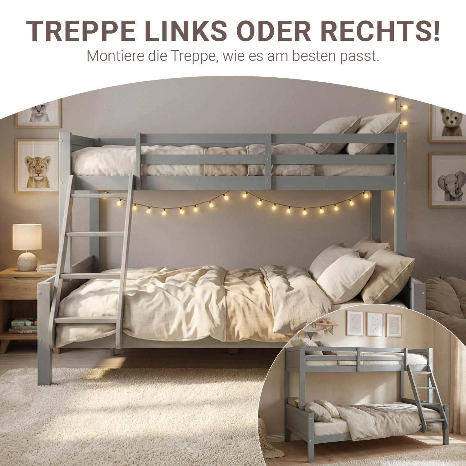 Bunk Bed with 2 Mattresses 90x200 and 140x200 cm Kids Bed Grey Wood Cabin Bed High Sleeper Bed Loft Bed Childrens Bed Twin Bed