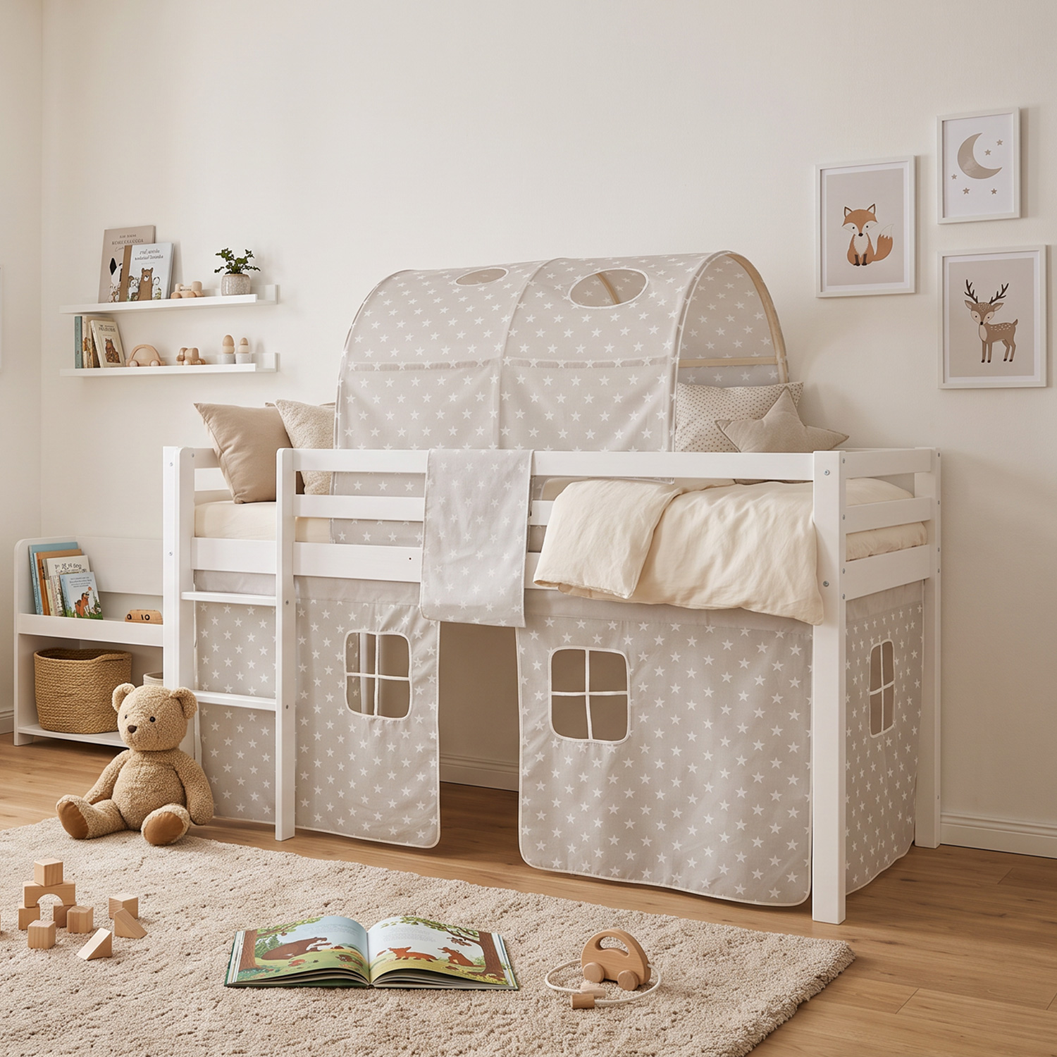 Children's Loft Bed 90x200 cm White with Star Curtain | Tower | with Slatted Base