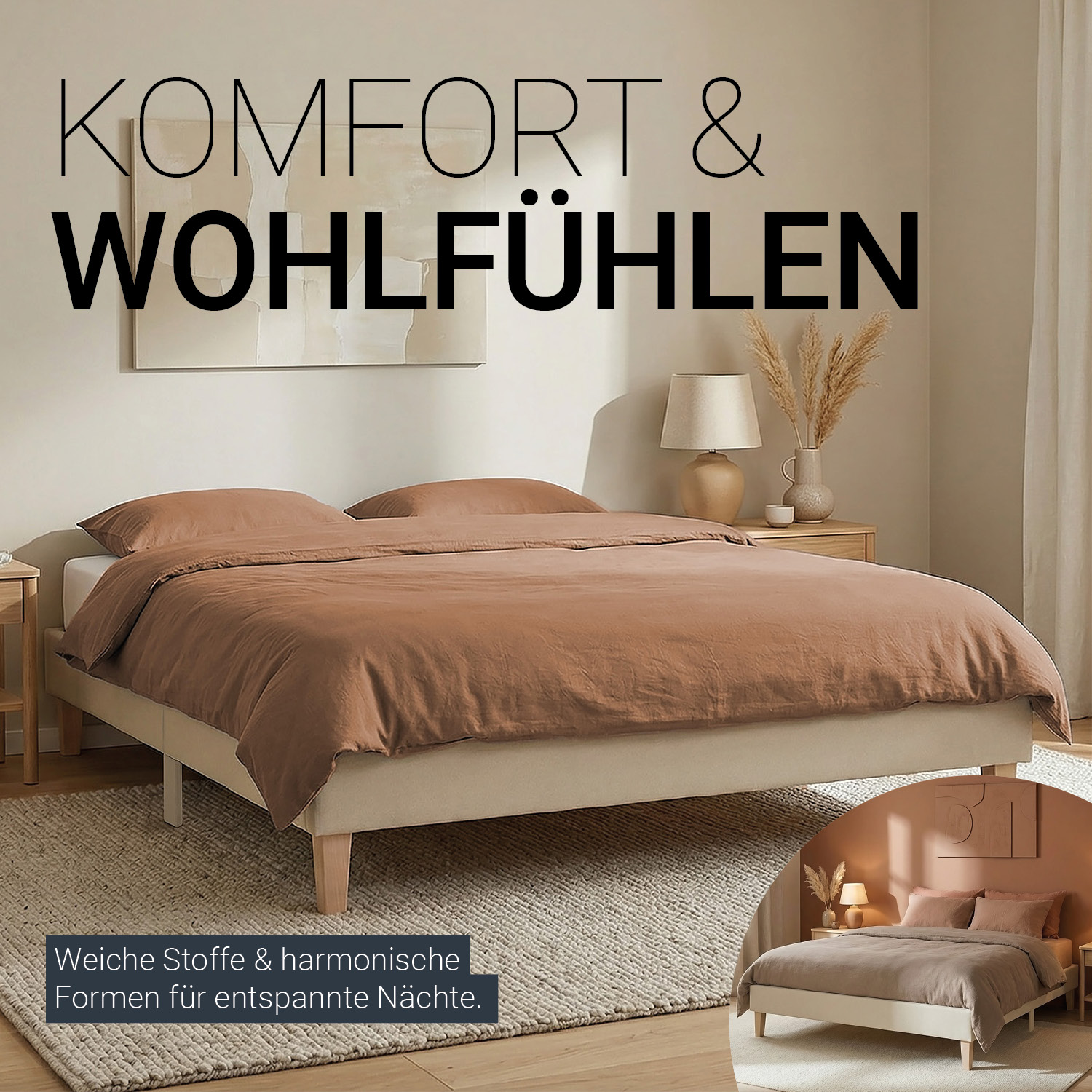 Upholstered bed 140x200 cm beige | futon bed | with slatted frame | double fabric bed frame