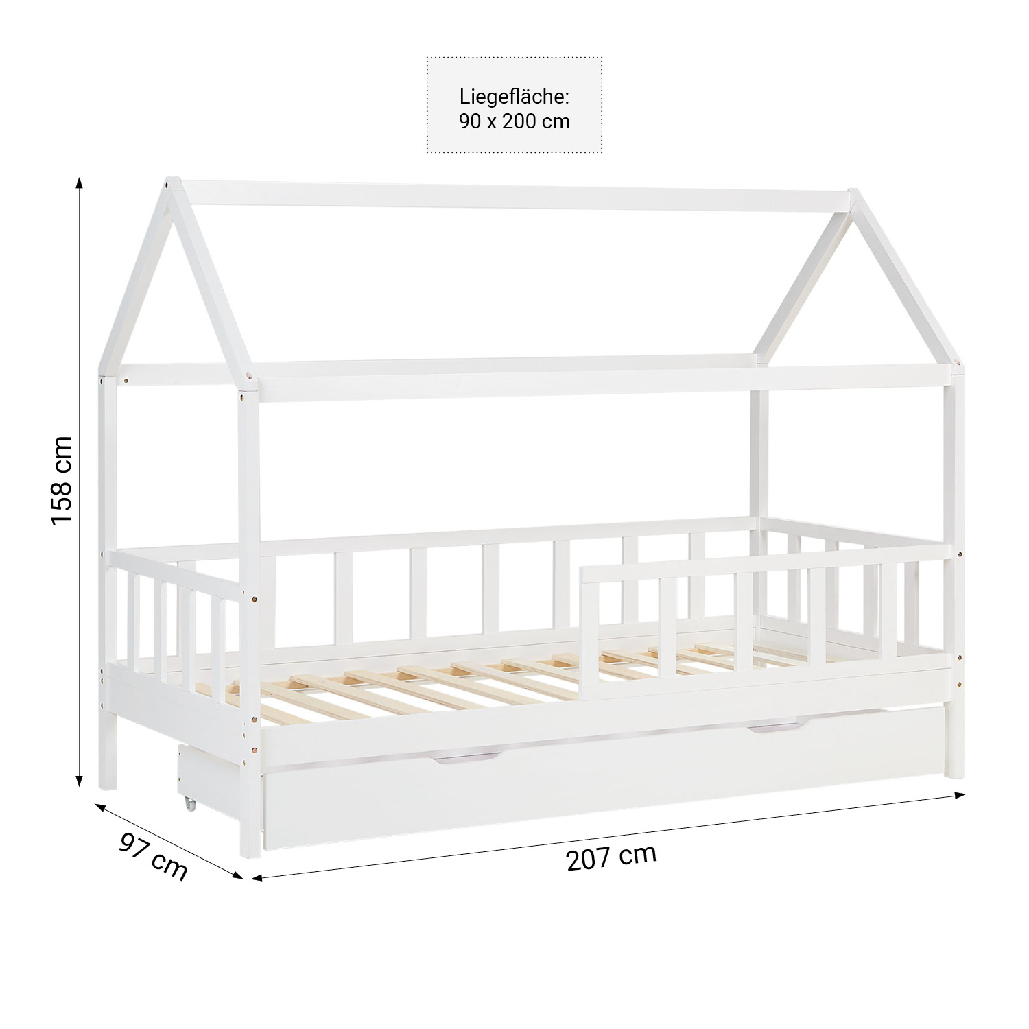 Children's Bed 90x200 cm White | House Bed with Fall Protection and Bed Drawer | Montessori | Single Bed | with Slatted Frame | Wood
