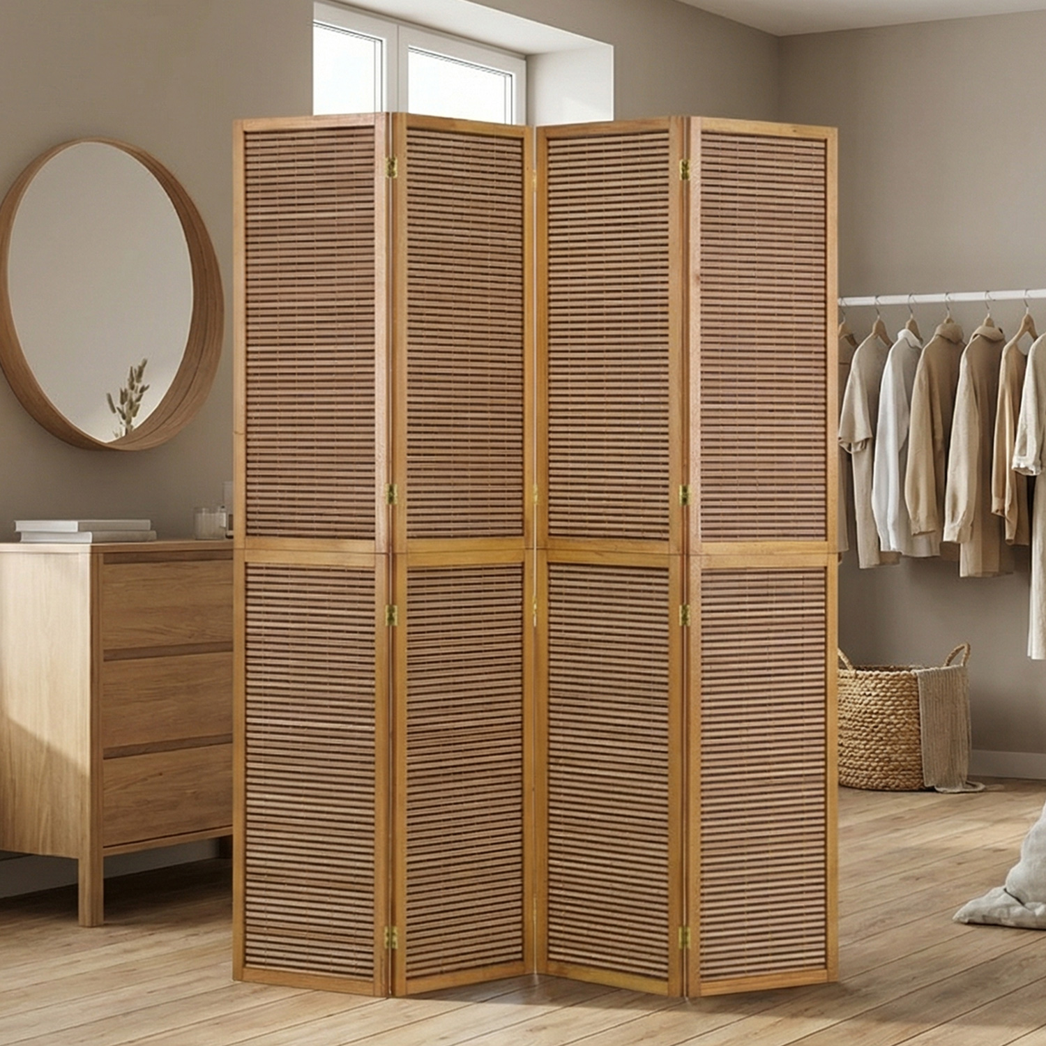 Paravent Brown Wooden Slats Height 200 cm | 4-panel | Wood | Room Divider Partition Privacy Screen