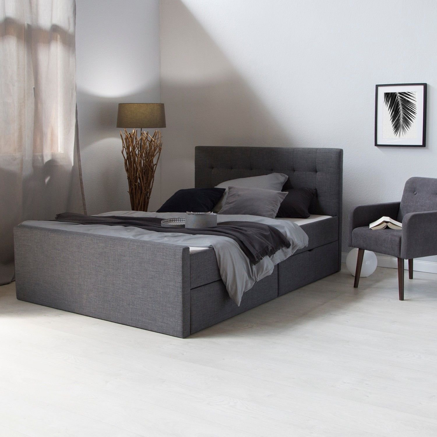 Upholstered bed 180x200 cm grey anthracite | with slatted frame | with 2 bed drawers | double fabric bed frame