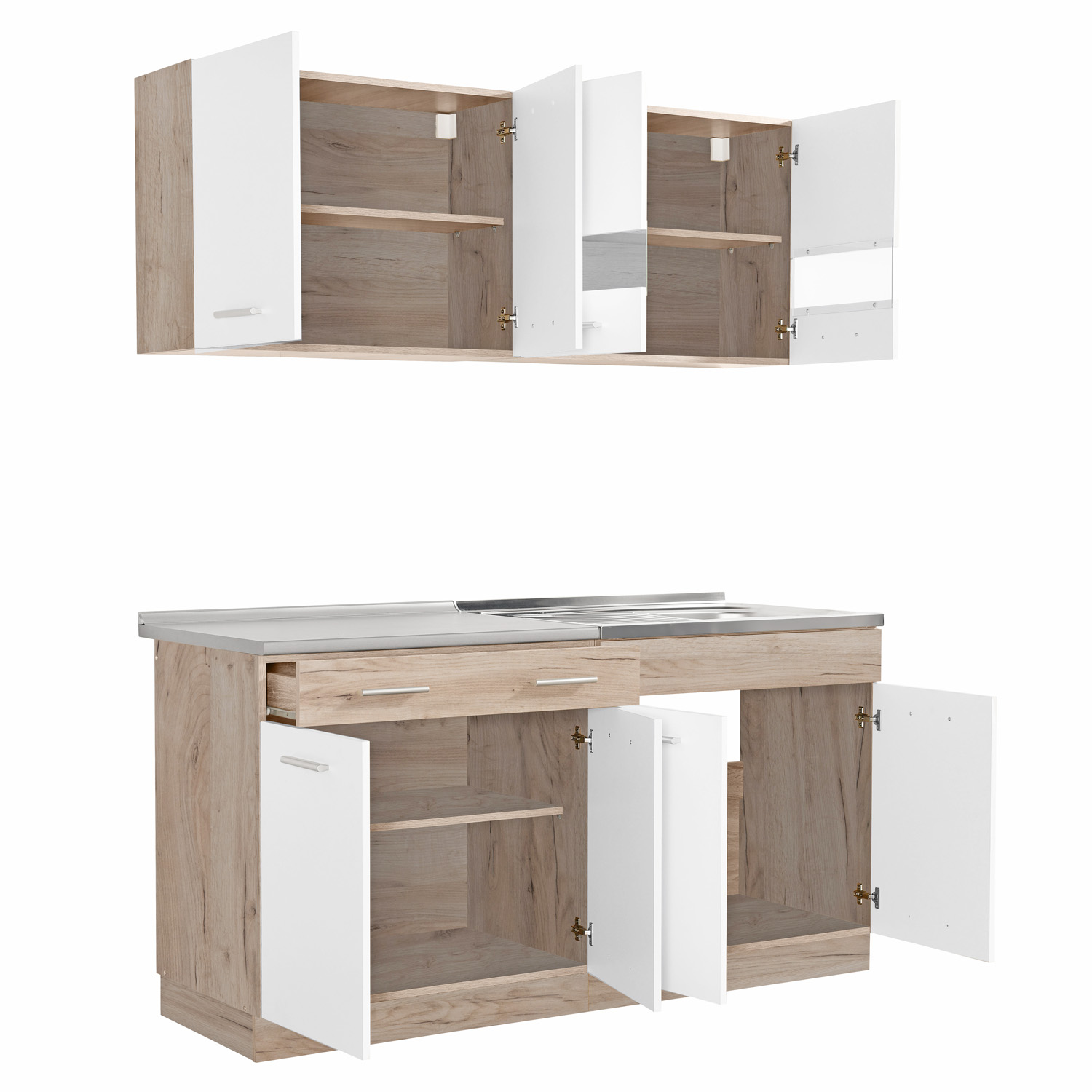 Moderne Küche Weiß Küchenzeile ohne Geräte Einbauküche Singleküche Küchenschränke 160 cm Eiche Grau