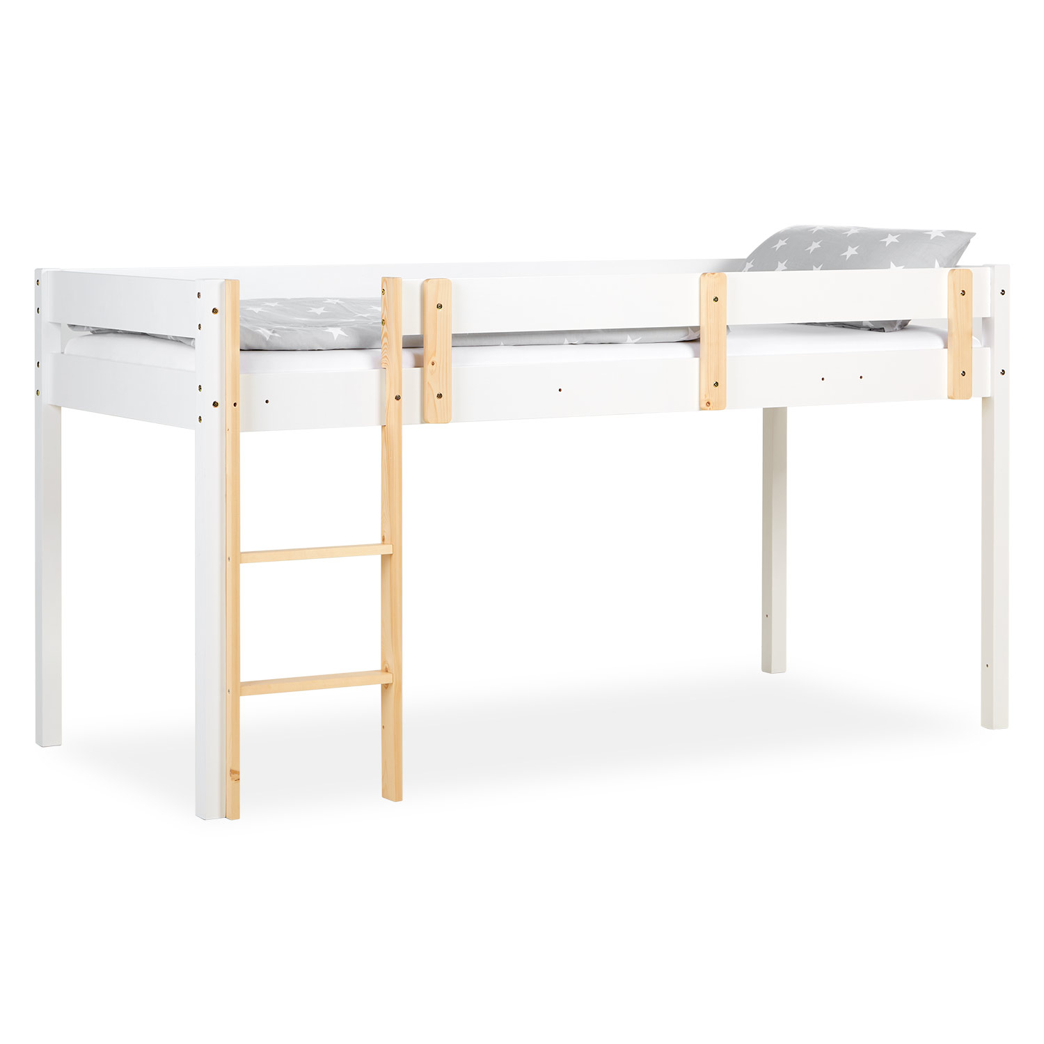 Loft Bed Kids 90x200 cm White | Ladder Natural | Fall Protection | with Slatted Frame