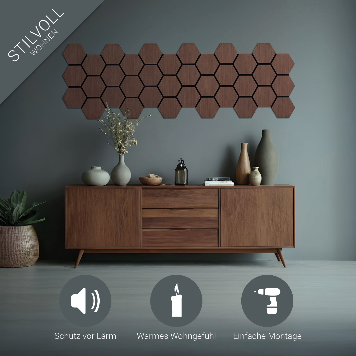 4 or 8 Wall panels 62 x 76 cm Hexagon Brown Grey Natural Wood paneling for walls Acoustic panels Bedroom paneling Wall cladding Acoustic sound panels Sound proof panels
