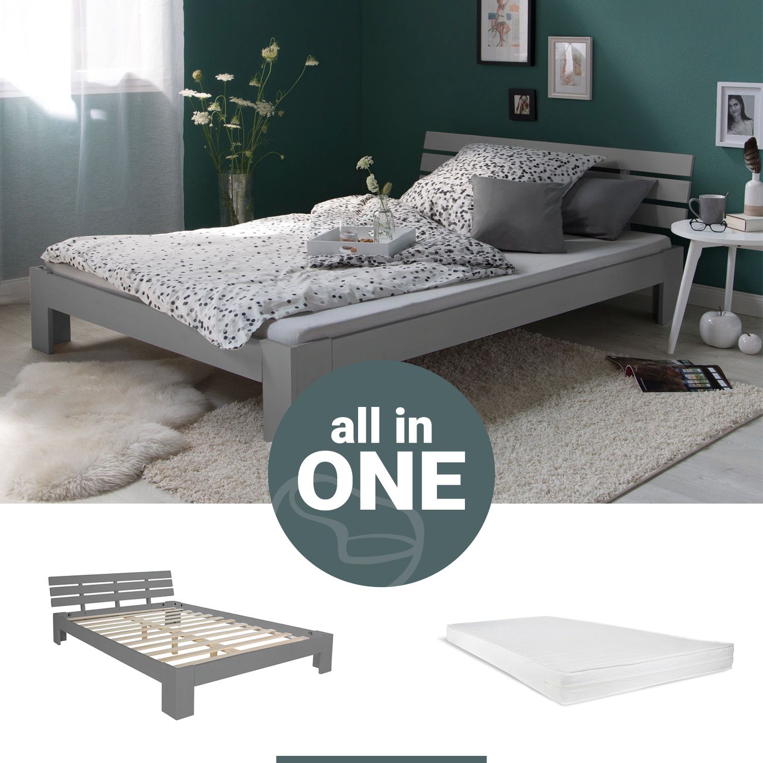 Double Bed with Mattress and Slatted Frame 120x200 Bed Grey Solid Pine Bedstead Wooden Bed Futon Bed