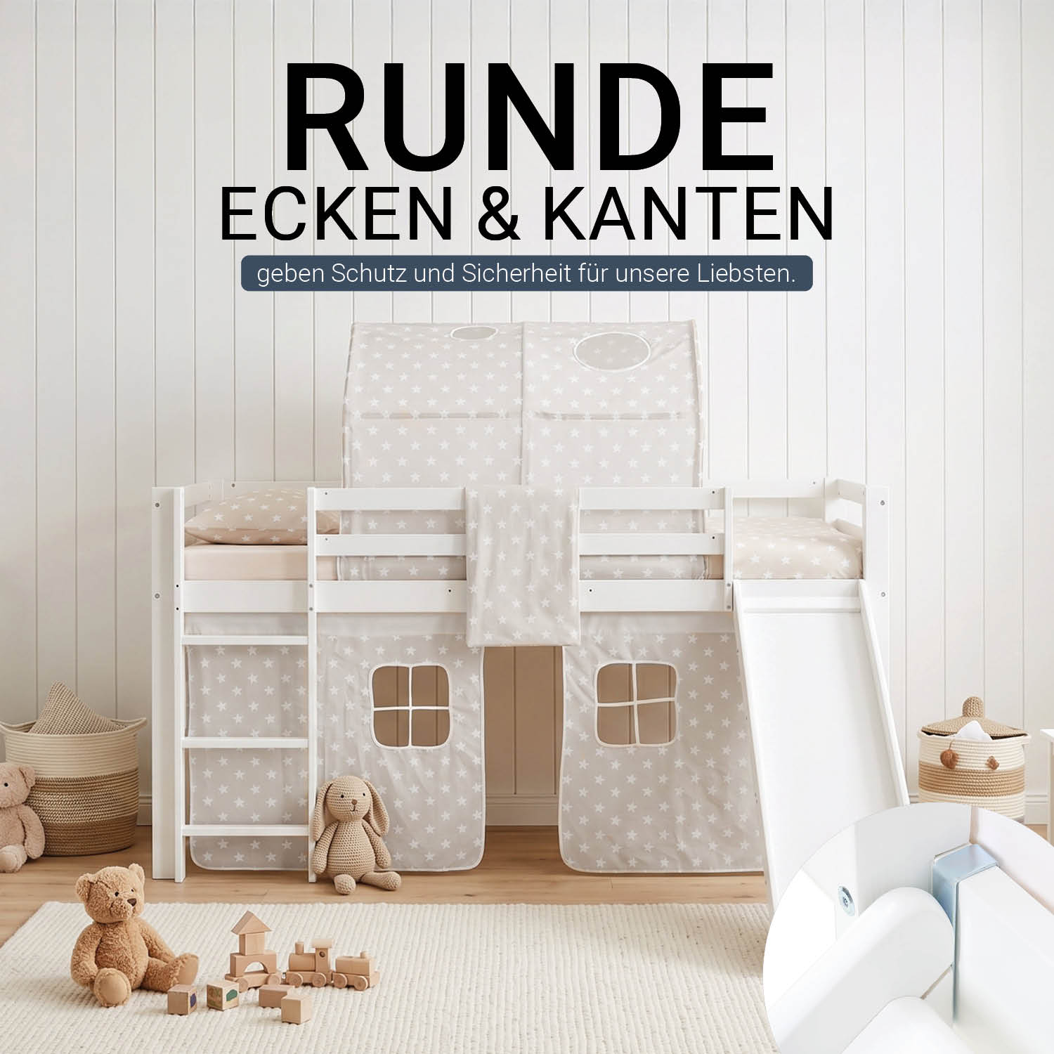 Children's Loft Bed 90x200 cm White with Star Curtain | Tunnel | Slide | Includes Slatted Base | Includes Mattress