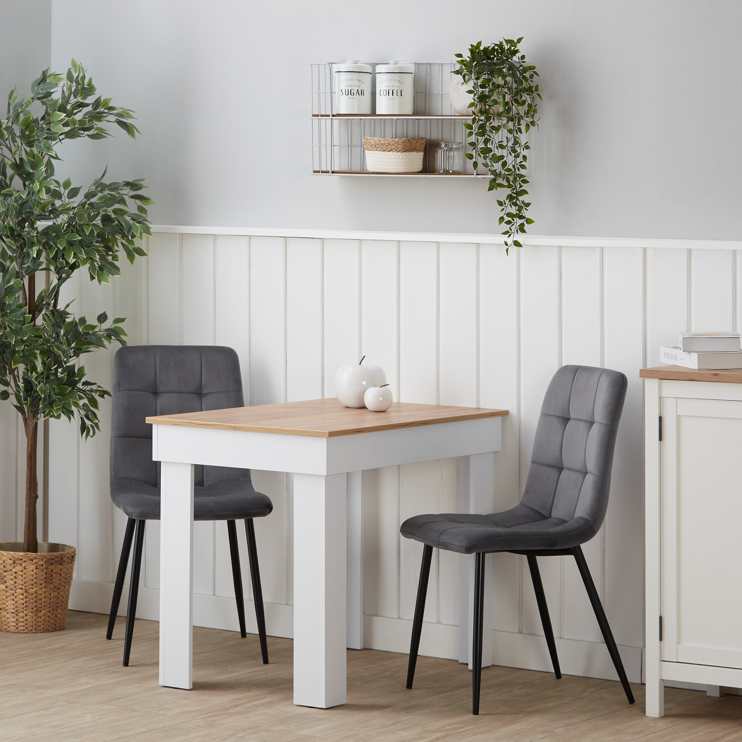 Dining set | 2-piece set upholstered chairs grey velvet without armrest | dining table white und oak 90 x 60 cm