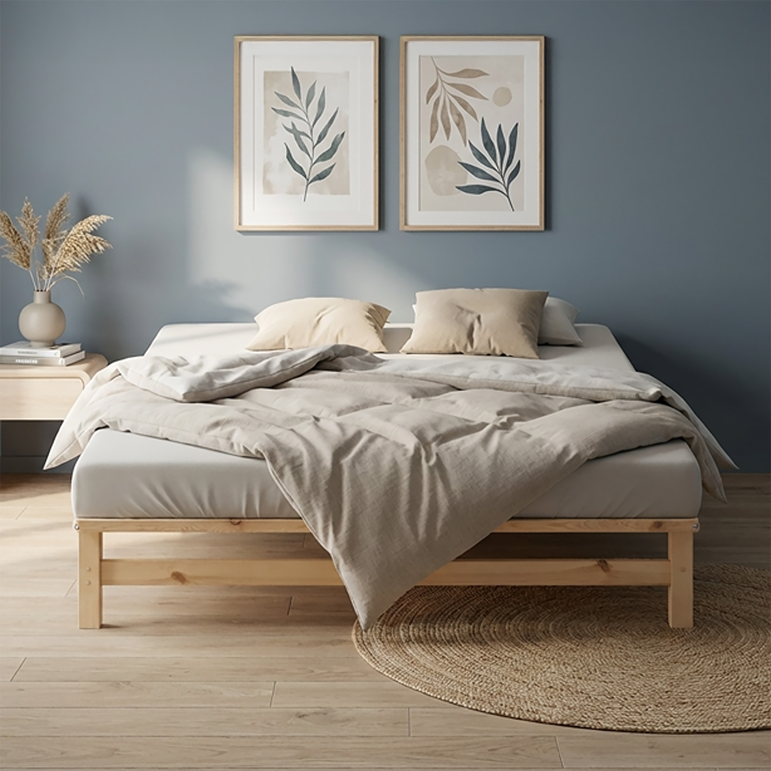 160x200 cm Natural Pallet Bed – Wooden Double Bed with Slatted Base for Teen Rooms, Guest Rooms, and Bedrooms