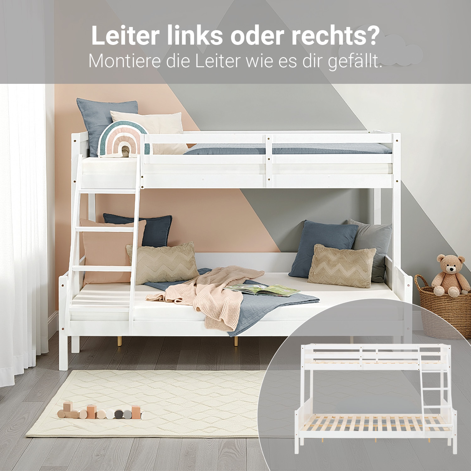 Children´s Bed Bunk Bed 90x200 and 140x200 High Sleeper Cot White Wood with Slats 2 Matresses