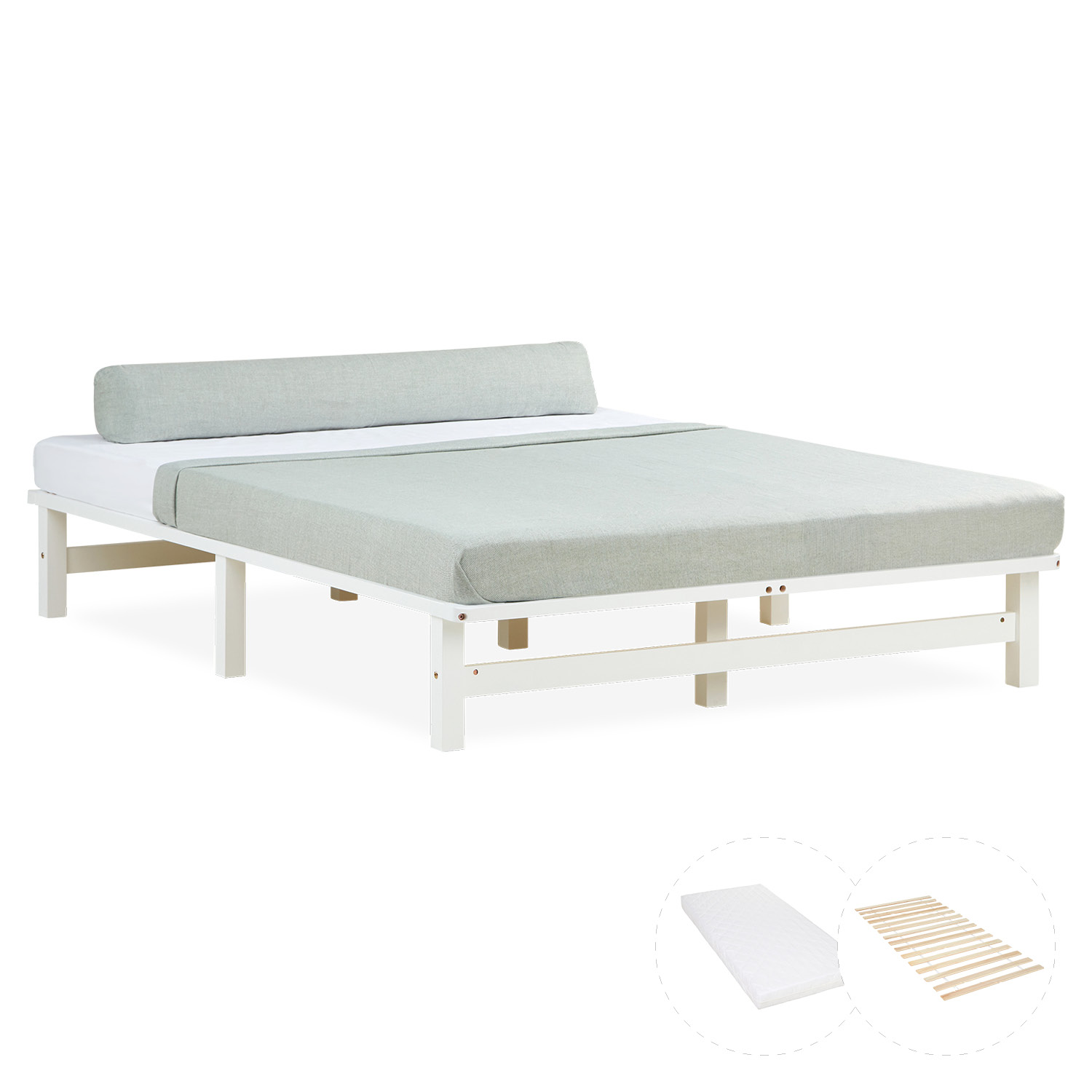 Pallet Bed 140x200 cm White | Double Bed with Mattress | with Slatted Frame | Wood | Kids Youth Guest Bedroom
