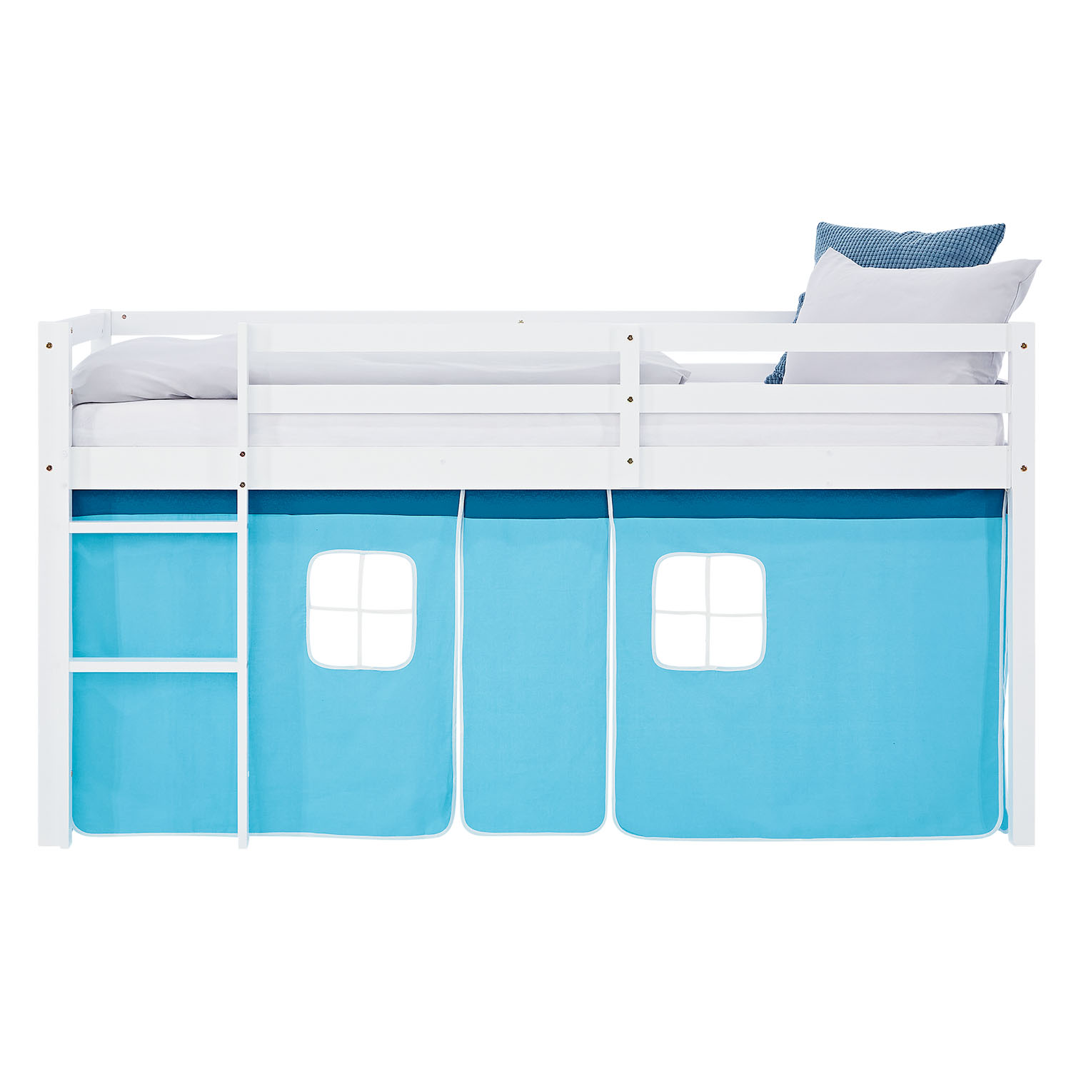 Loft Bed for Kids 90x200 cm White with Curtain in Blue | with Slatted Frame