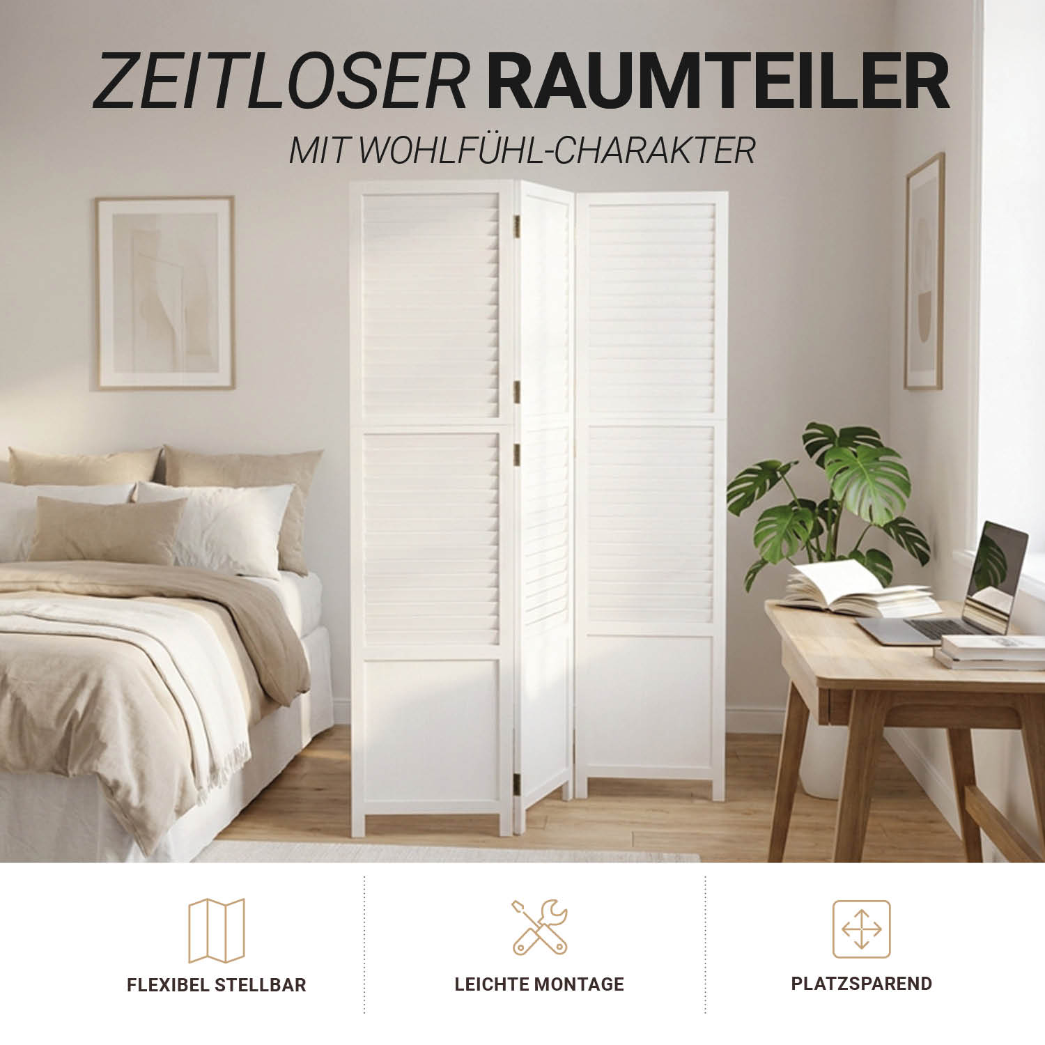 White Wooden Screen (3-panel) – Modern Wooden Room Divider & Privacy Screen
