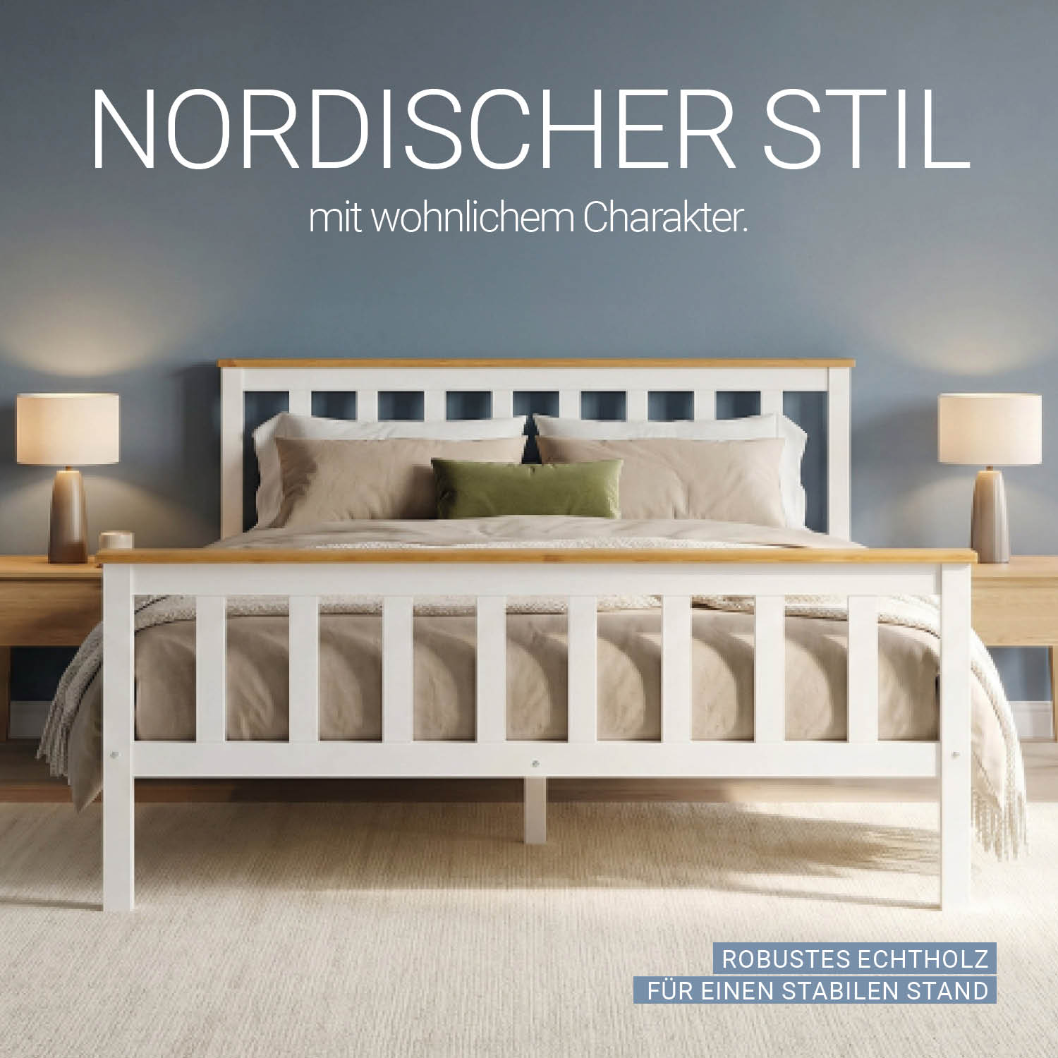 Wooden Bed 140x200 cm Natural White | Double Bed | With Slatted Base | Scandinavian Style | Children's, Teen, or Guest Bedroom