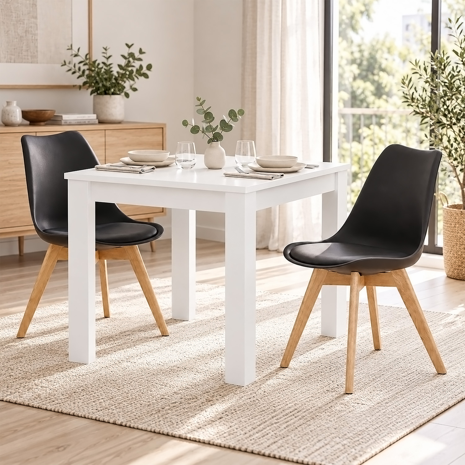 Dining Set (3-Piece): 80x80 cm white dining table with 2 black plastic chairs and wooden legs
