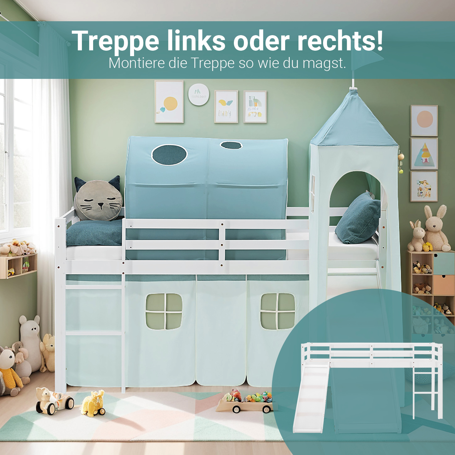 Loft Bed for Kids 90x200 cm White with Curtain in Mint Green | Slide | Tower | Tunnel | with Slatted Frame and Mattress
