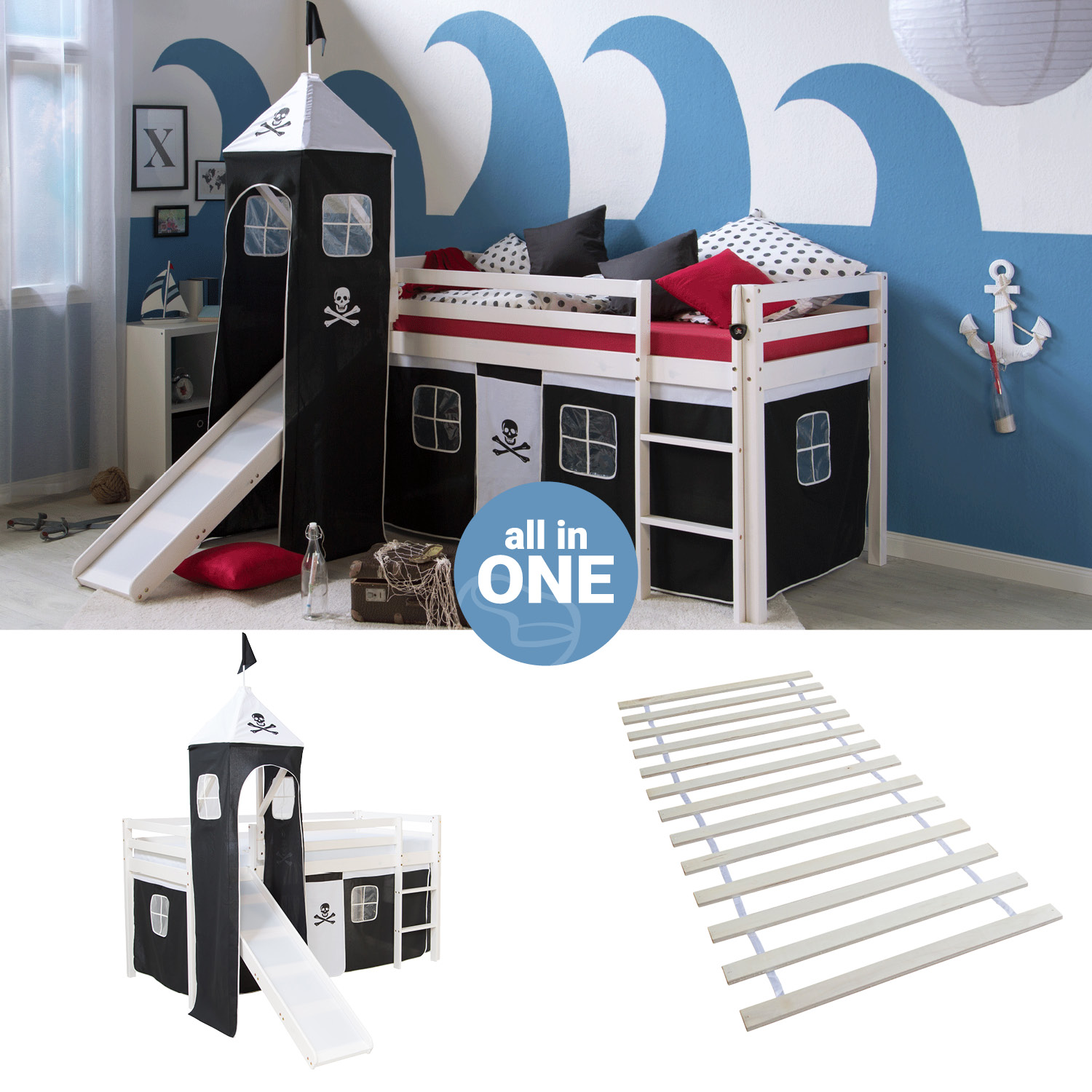 Loft Bed Kids 90x200 cm White with Curtain in Black | Tower | Slide | with Slatted Frame