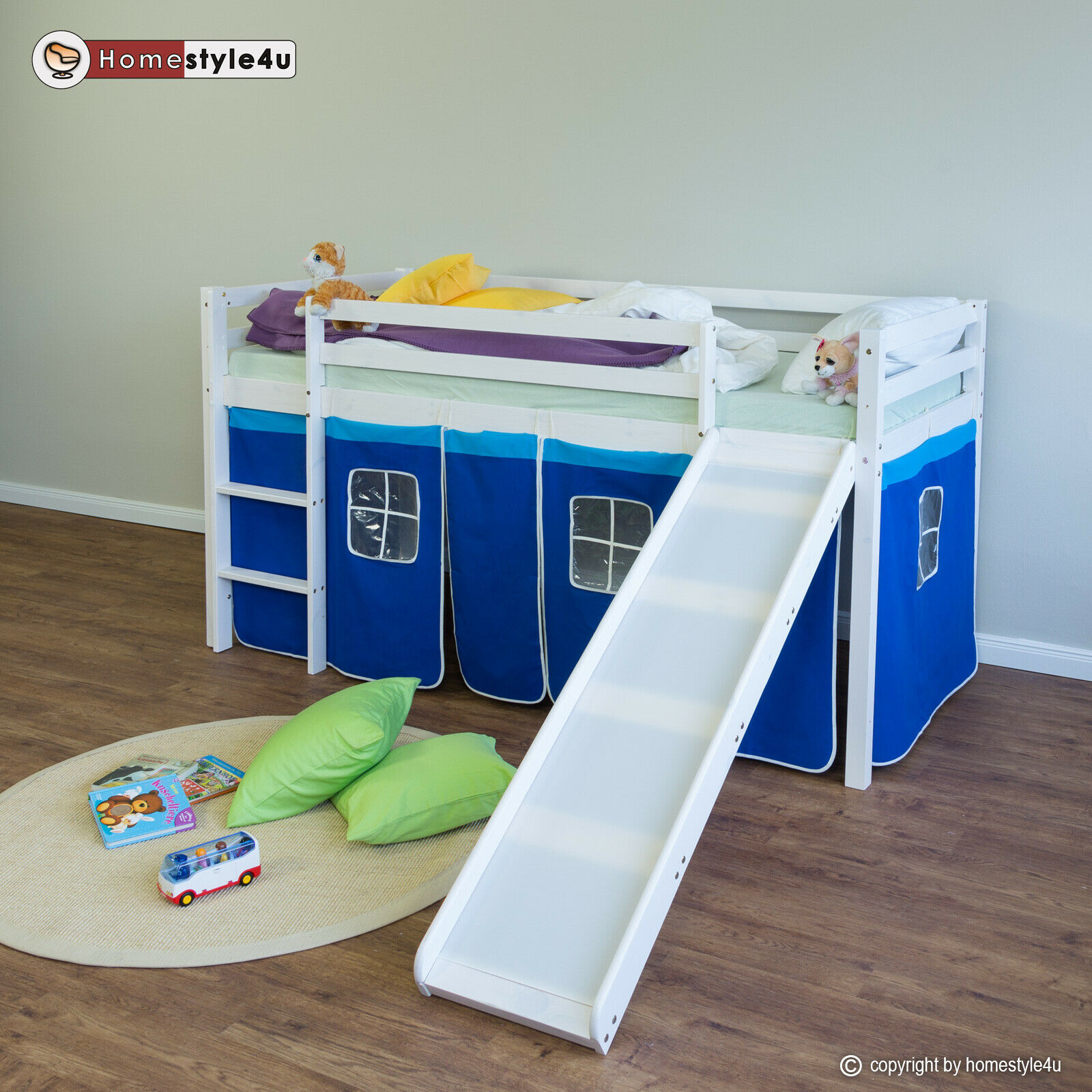 Loft Bed Kids 90x200 cm White with Curtain in Blue | Slide | without Slatted Frame