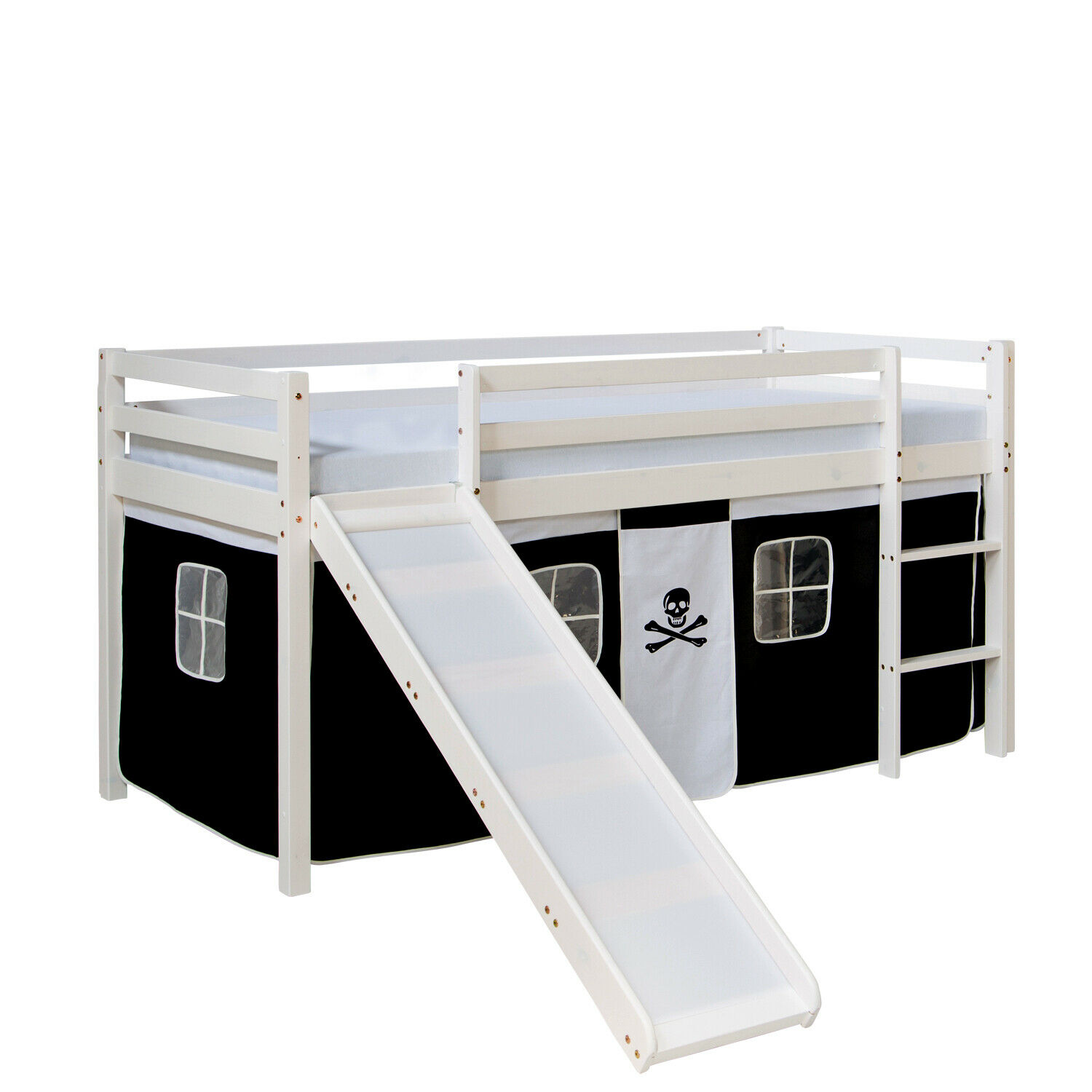 Loft Bed Kids 90x200 cm White with Curtain in Black | Slide | without Slatted Frame