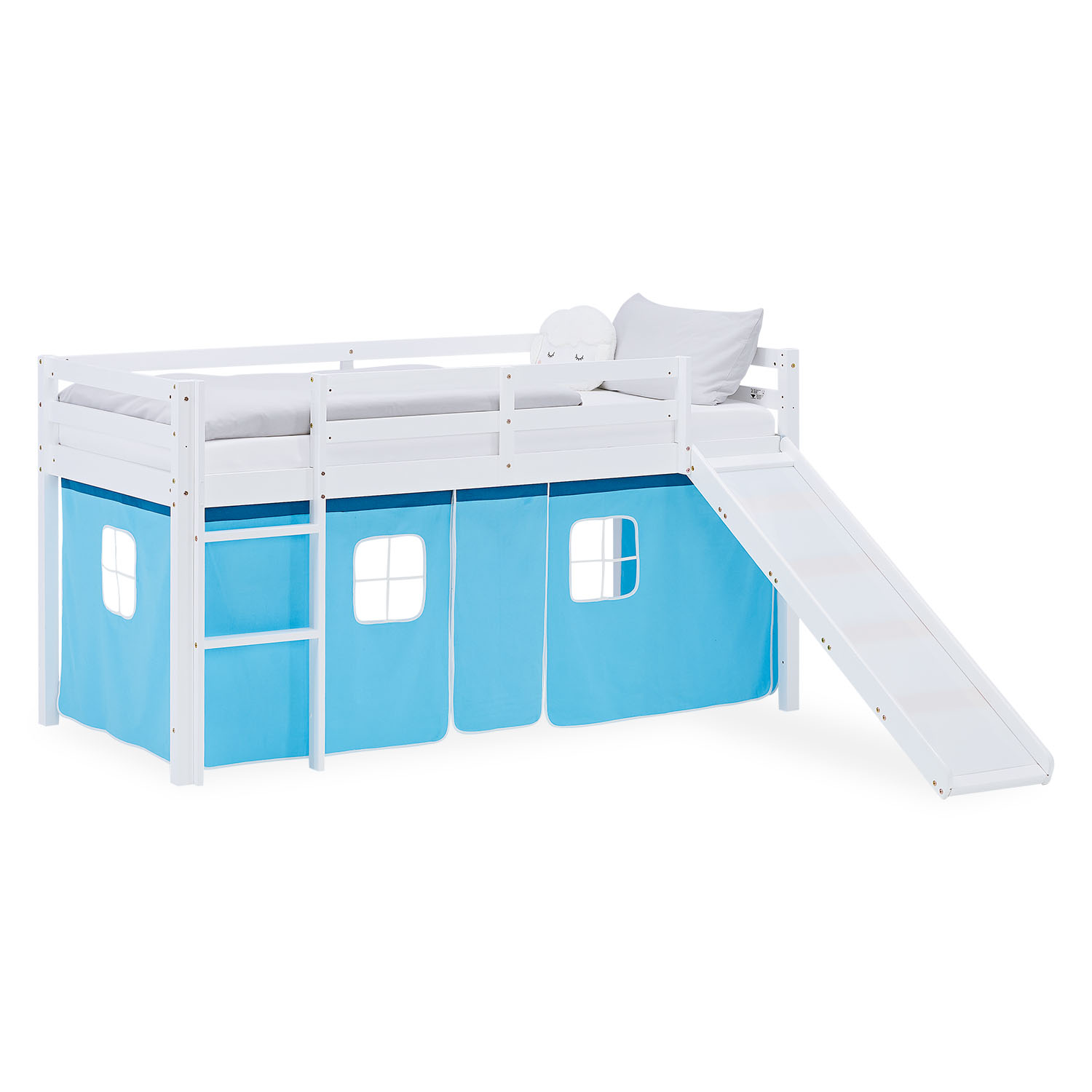 Hochbett Kinder 90x200 cm Kinderbett Kinderhochbett Stockbett Tunnel Vorhang Turm Blau Rutsche Holz Massiv Lattenrost Matratze