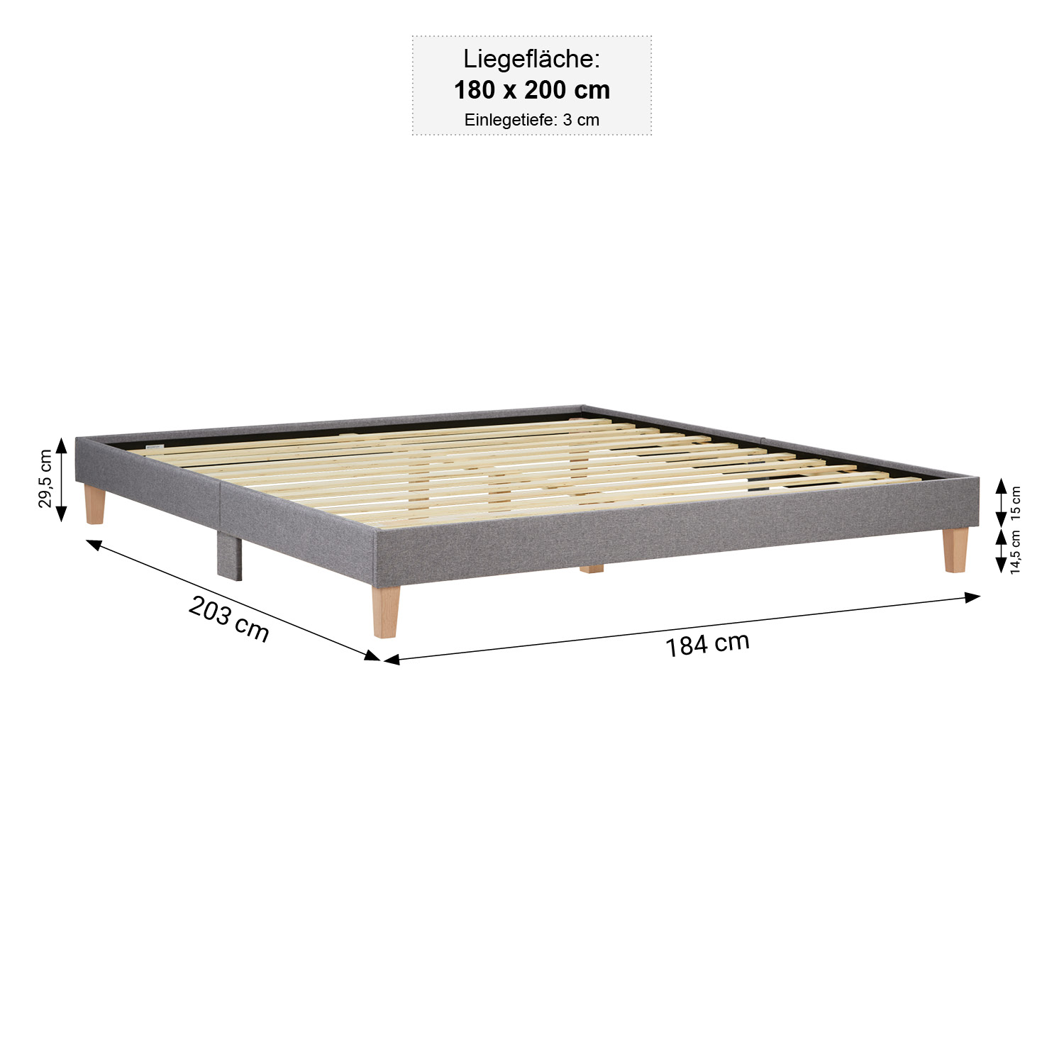 Upholstered bed 180x200 cm grey | futon bed | with slatted frame | double fabric bed frame