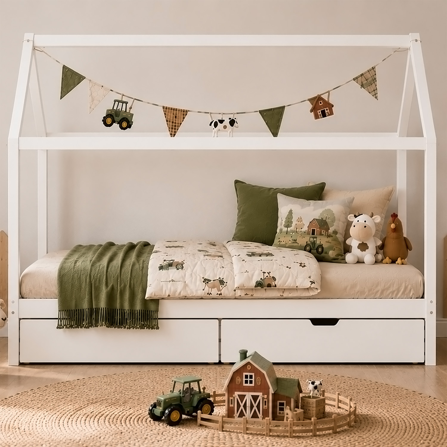 Childrens Bed with Mattress House Bed Frame For Kids 90x200 cm White With Drawers