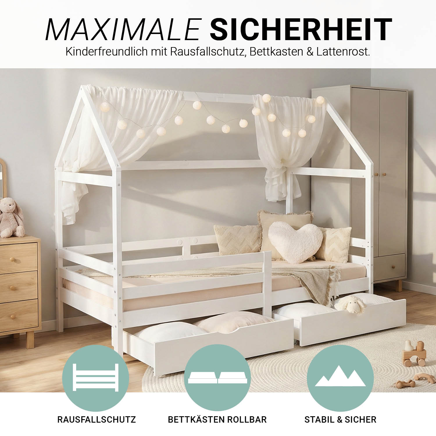 Children's Bed 90x200 cm White | House Bed with Fall Protection and Bed Drawer | Montessori | Single Bed | with Slatted Frame | Wood