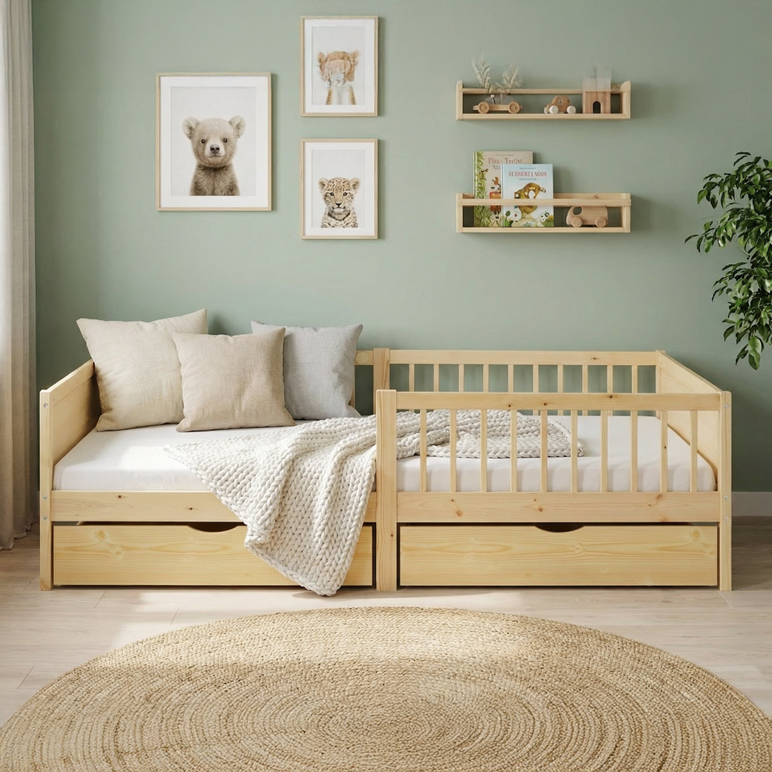 Children's Bed 90x200 cm Natural | Wooden bed with mattress | Single Bed | 2 drawers | Fall Protection