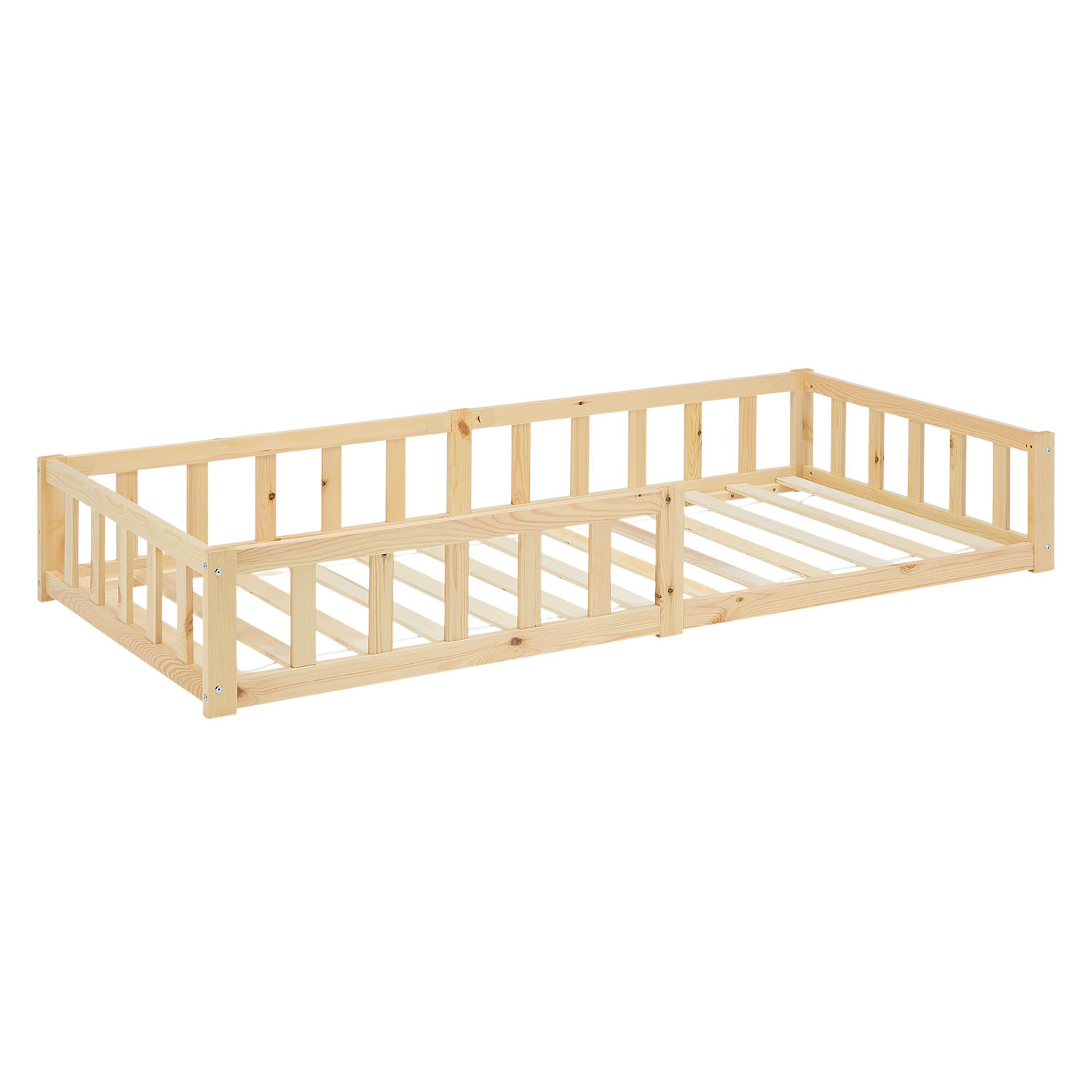 Children's Bed 90x200 Natural | Floor Bed with Mattress & Slatted Frame | with Fall Protection | Montessori