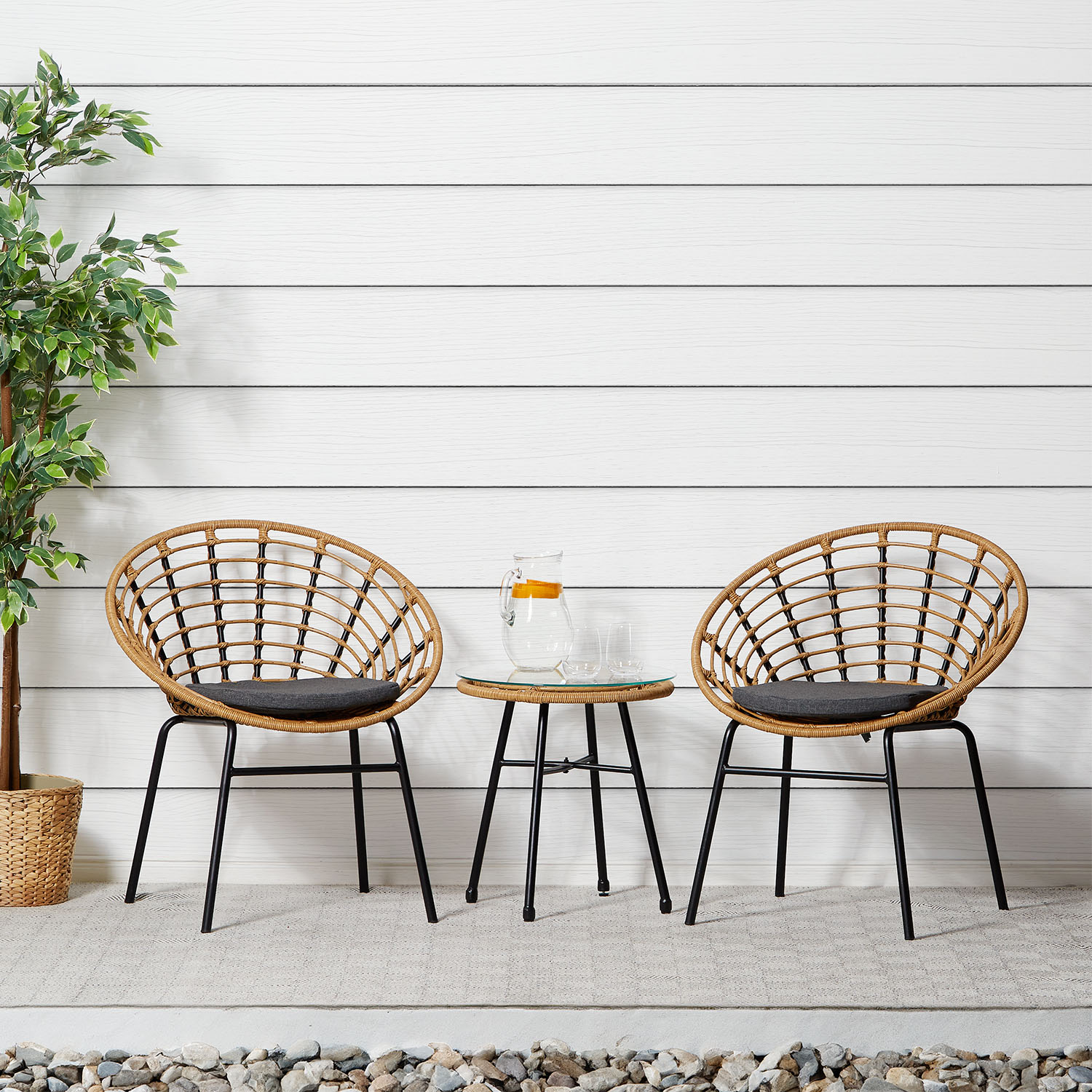 Salon de jardin Ensemble table et 2 fauteuils de jardin rotin naturelle Meubles de détente extérieur Mobilier de jardin