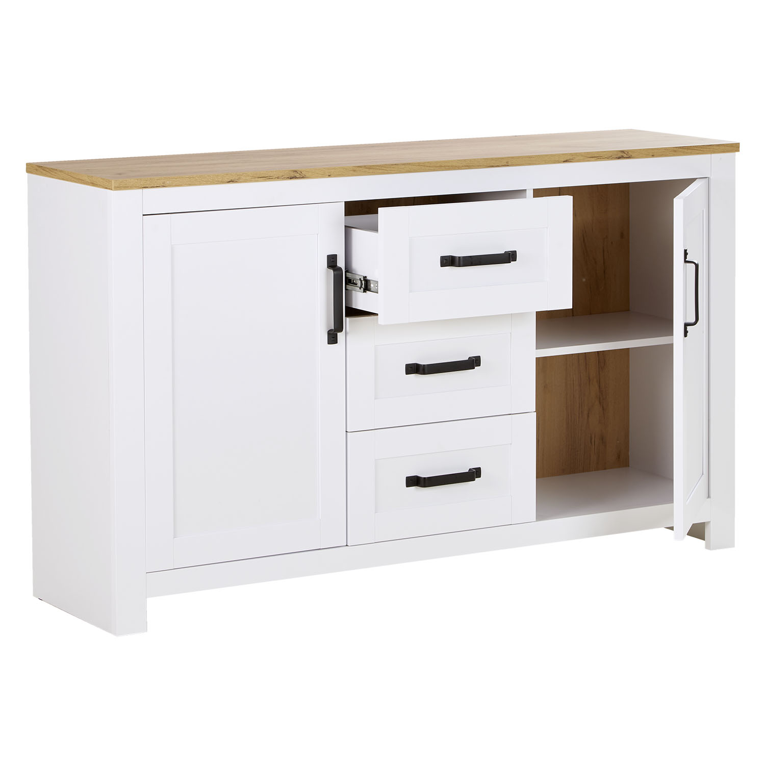 Chest of Drawers Sideboard White 150 cm Wood Oak Solid Cupboard with 3 Drawers Country Style Highboard Living Room Cabinet