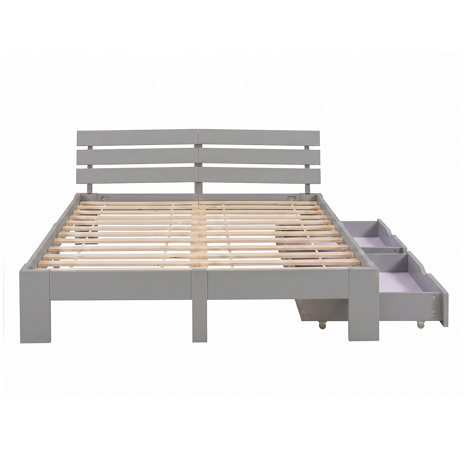 Wooden Bed 140x200 cm, Gray, with Storage Compartment & Slatted Base – Solid Wood Double Bed