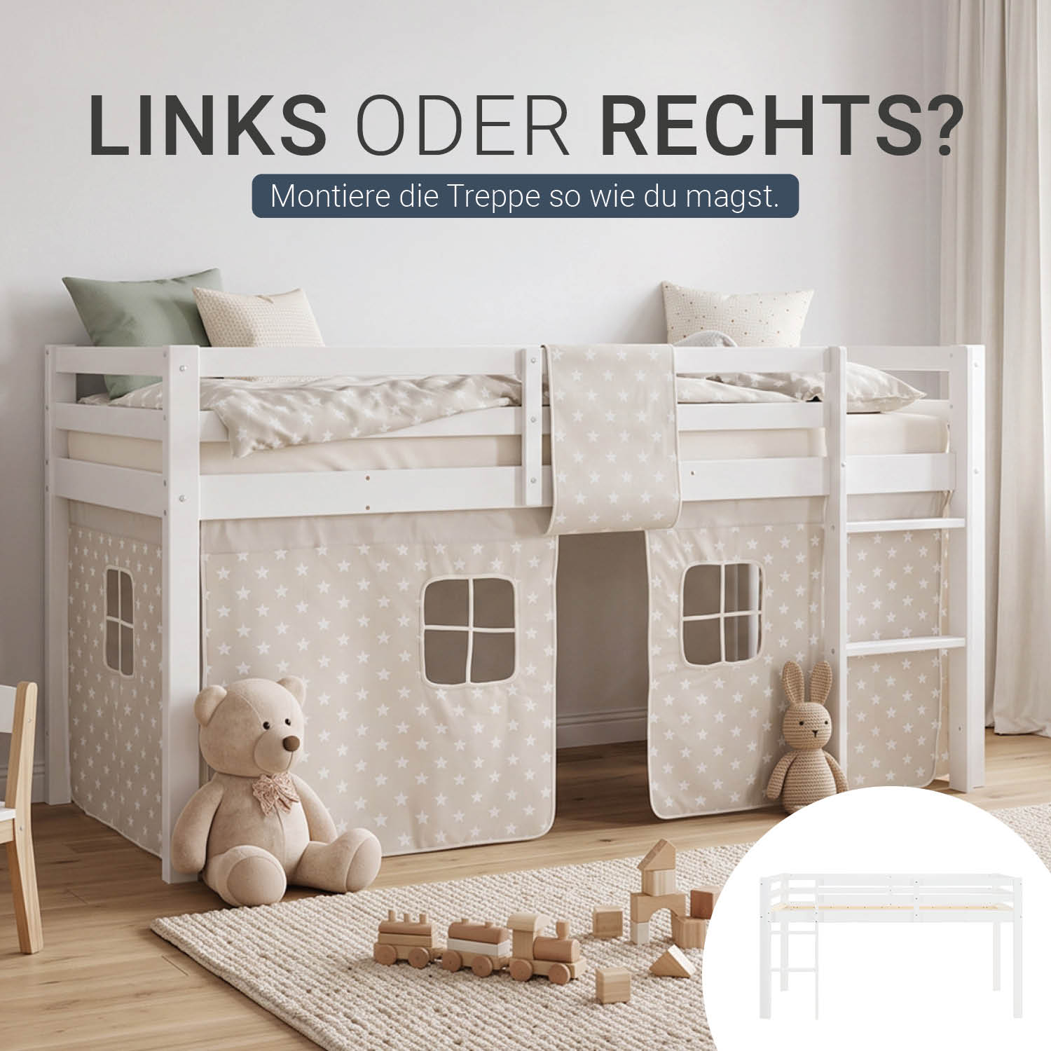 Children's Loft Bed 90x200 cm White with Star Curtain | Includes Slatted Base