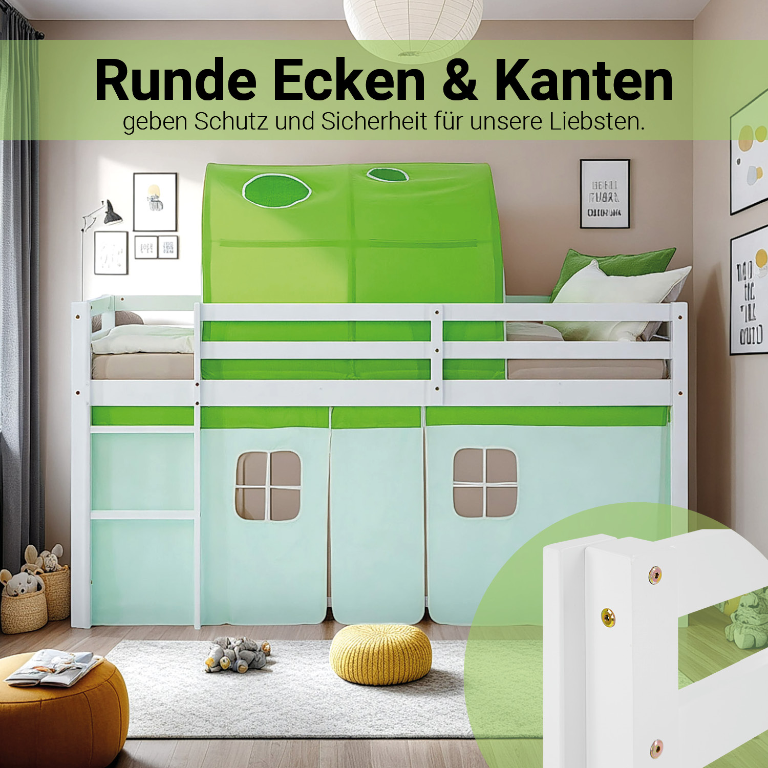 Loft Bed for Kids 90x200 cm White with Curtain in Green | Tunnel | without Slatted Frame