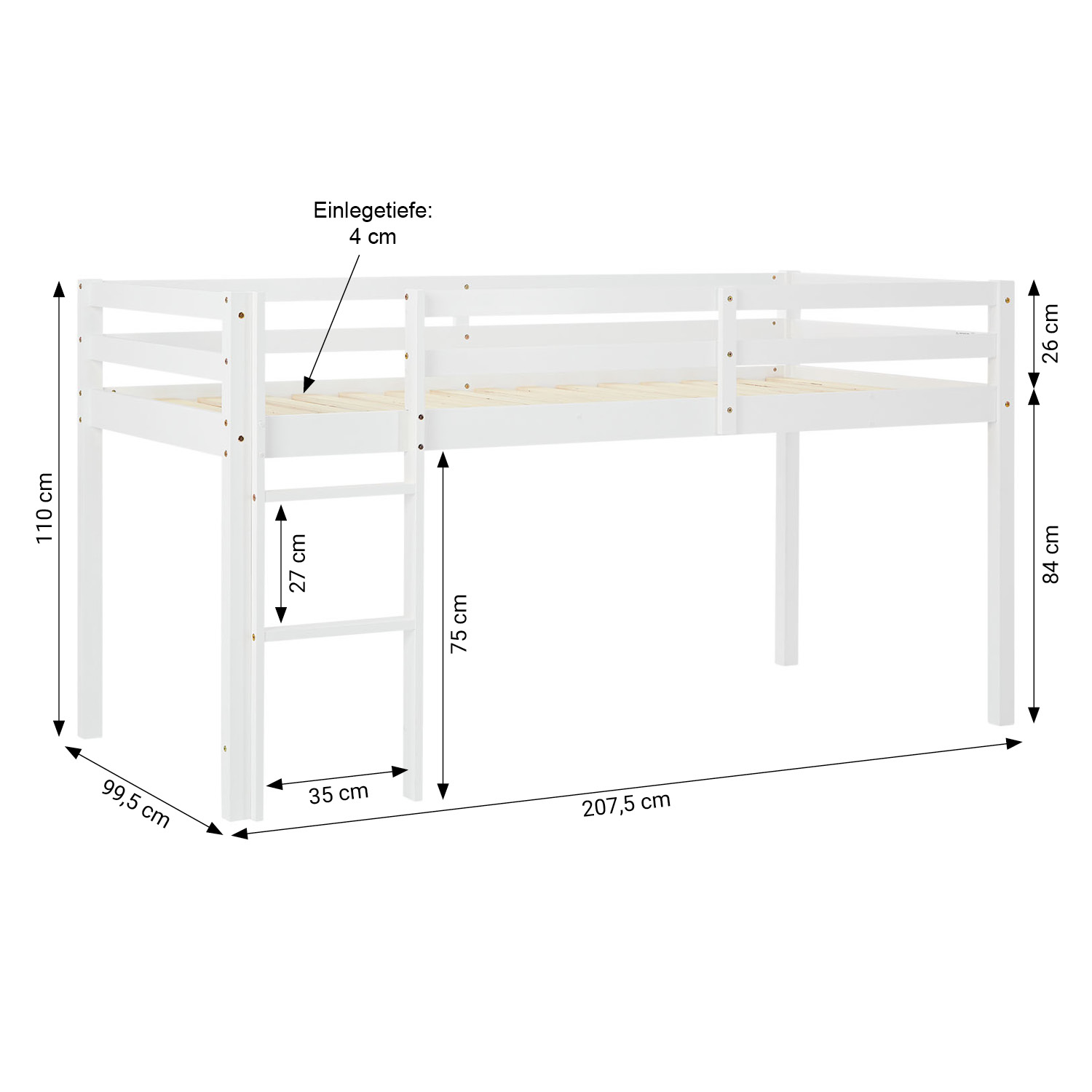 Children's Loft Bed 90x200 cm White with Mint Green Curtain | Tunnel | Includes Slatted Base and Mattress