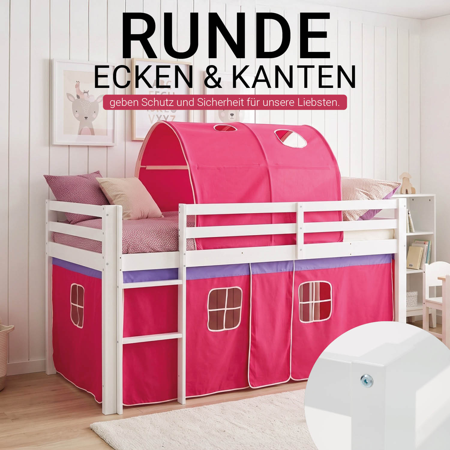 Loftbed 90x200 cm with Mattress Bunk bed Childrens bed Solid Pine Wood Slats Tunnel Curtain Pink
