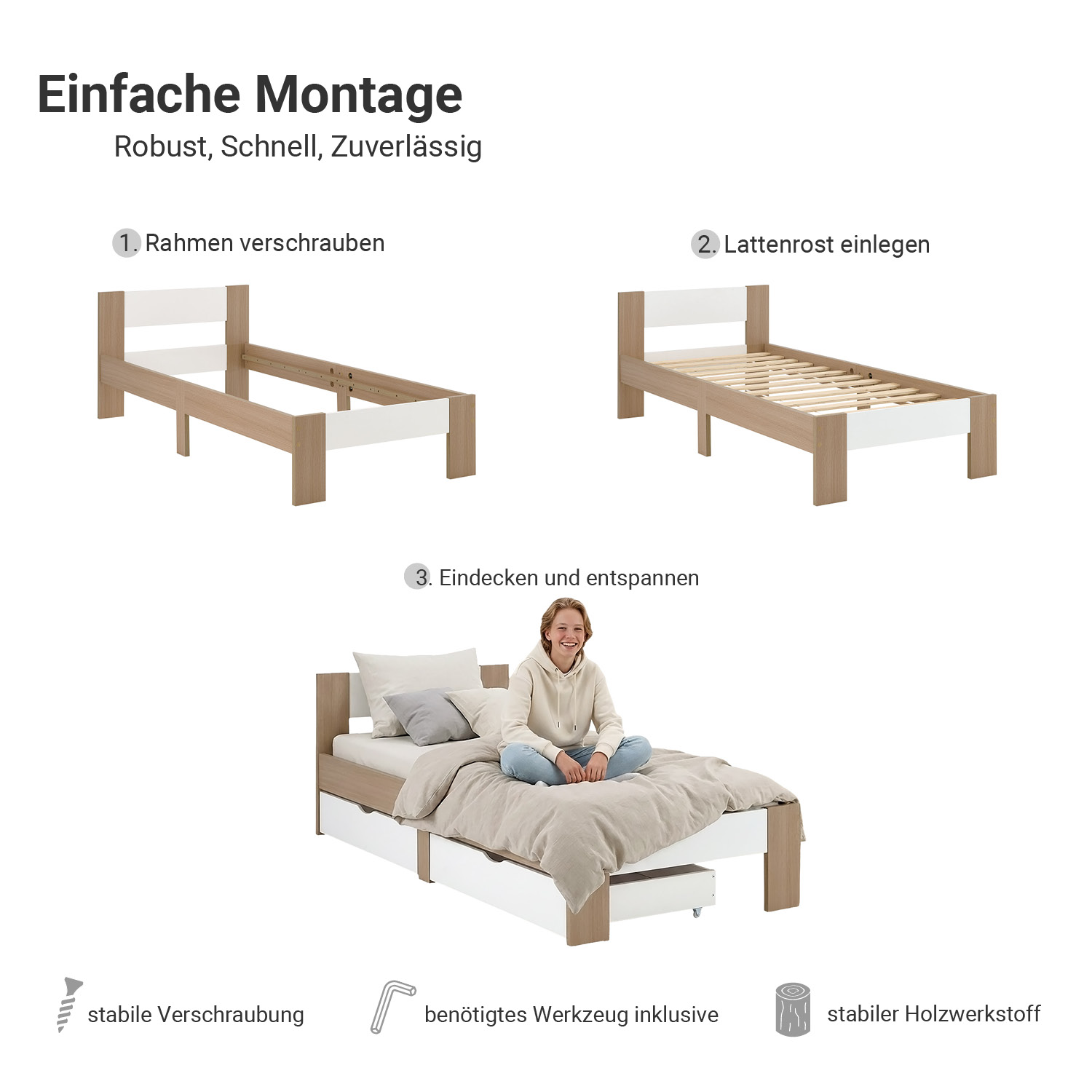 Holzbett 90x200 mit 2 Bettkästen Bett Eiche Braun Weiß Holzbett Bettgestell Jugendbett Einzelbett Matratze Lattenrost