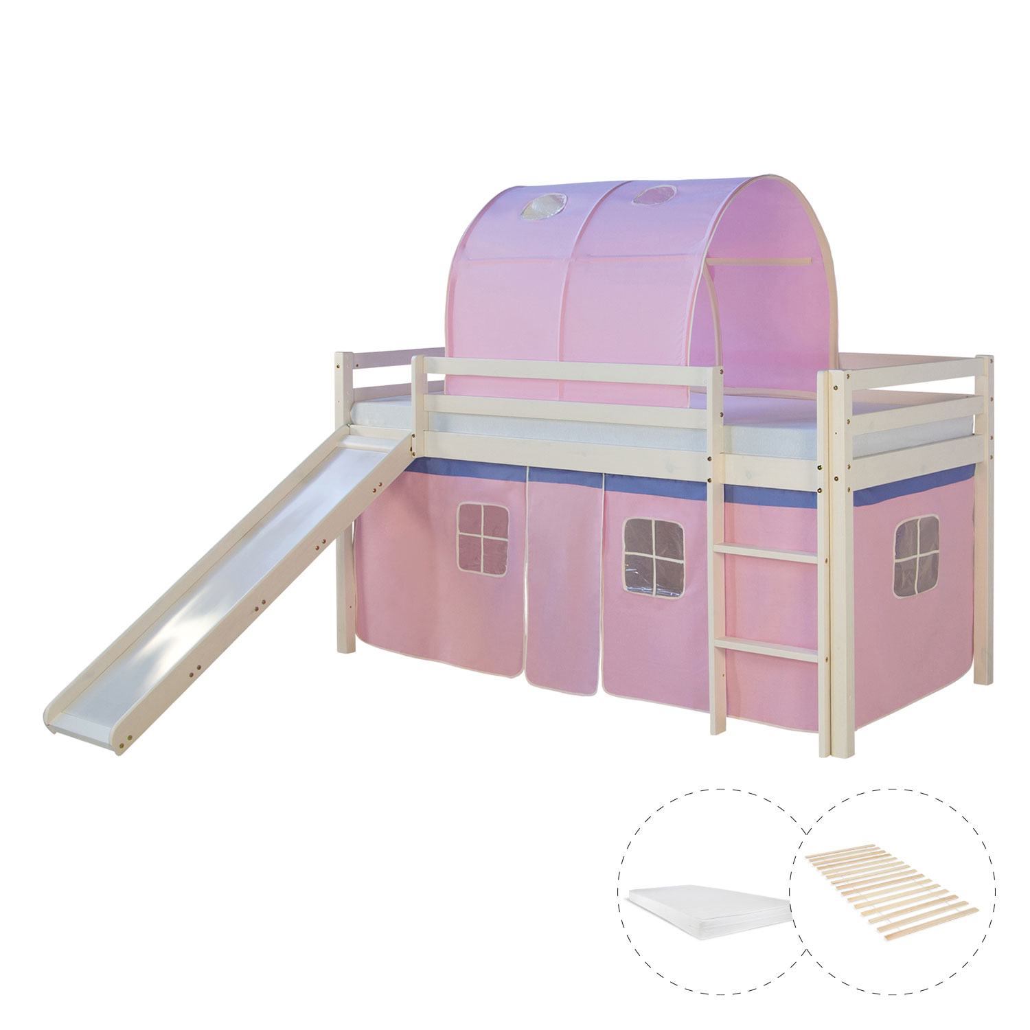 Loftbed with Mattress 90x200 cm Slide Bunk bed Childrens bed Solid Pine Wood Curtain Tunnel Pink Slatts