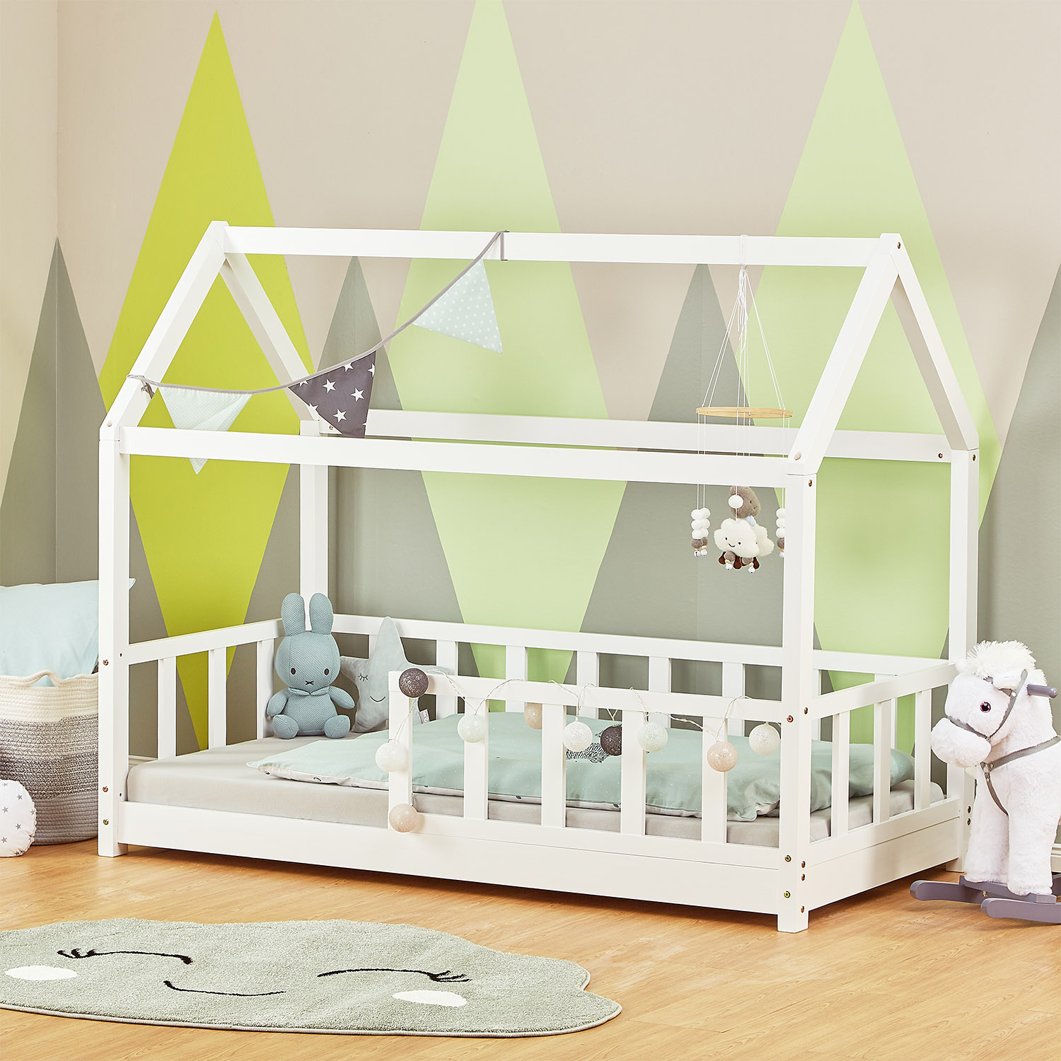 Children's Bed 80x160 cm White | House Bed with Fall Protection | Montessori | Single Bed | with Slatted Frame | Wood