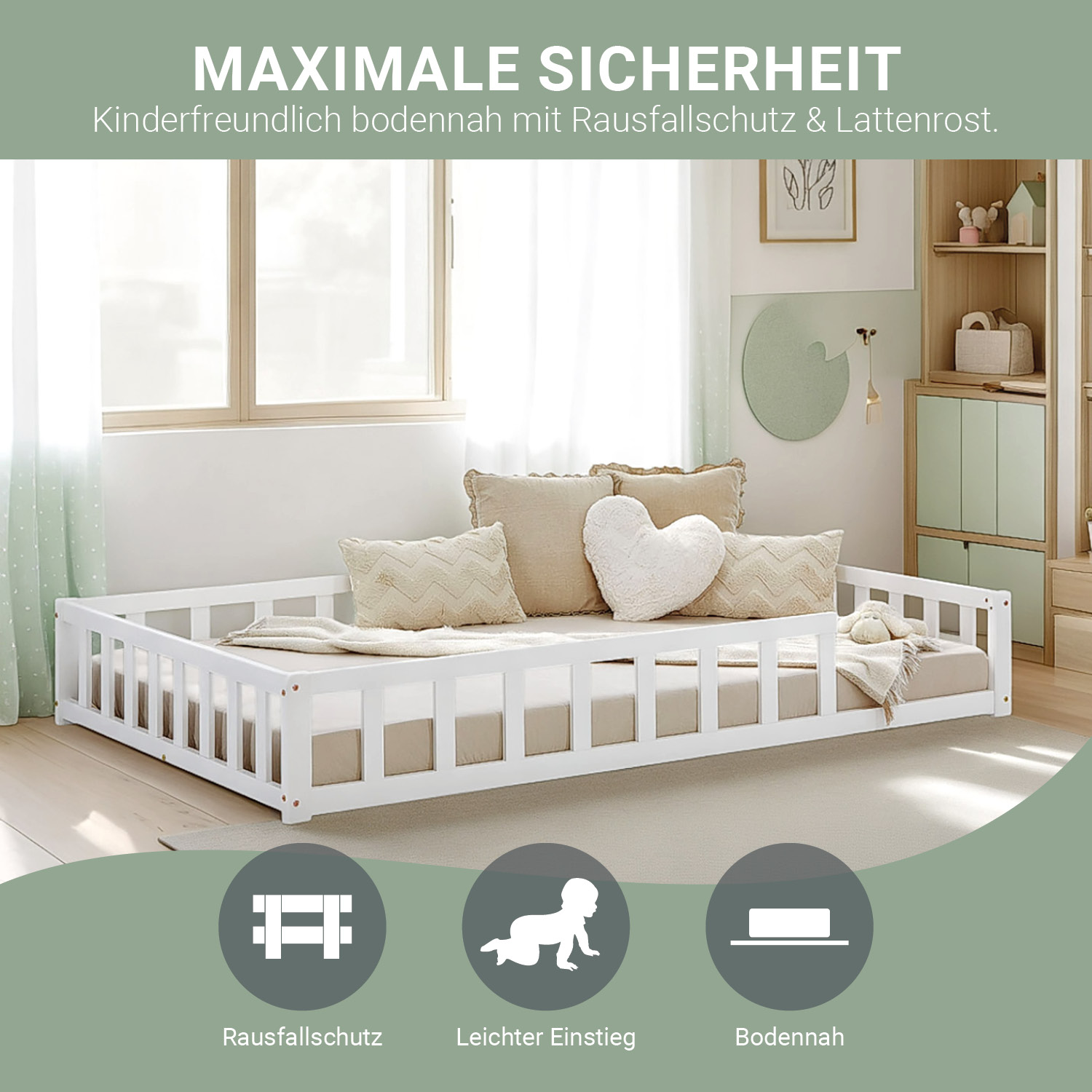 Children's Bed 120x200 White | Floor Bed with Mattress & Slatted Frame | with Fall Protection | Montessori