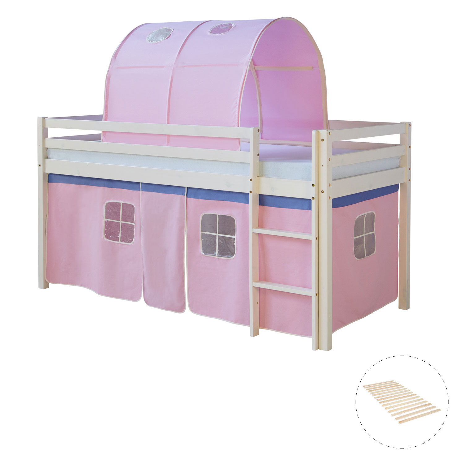 Loft Bed Kids 90x200 cm White with Curtain in Pink | Tunnel | with Slatted Frame