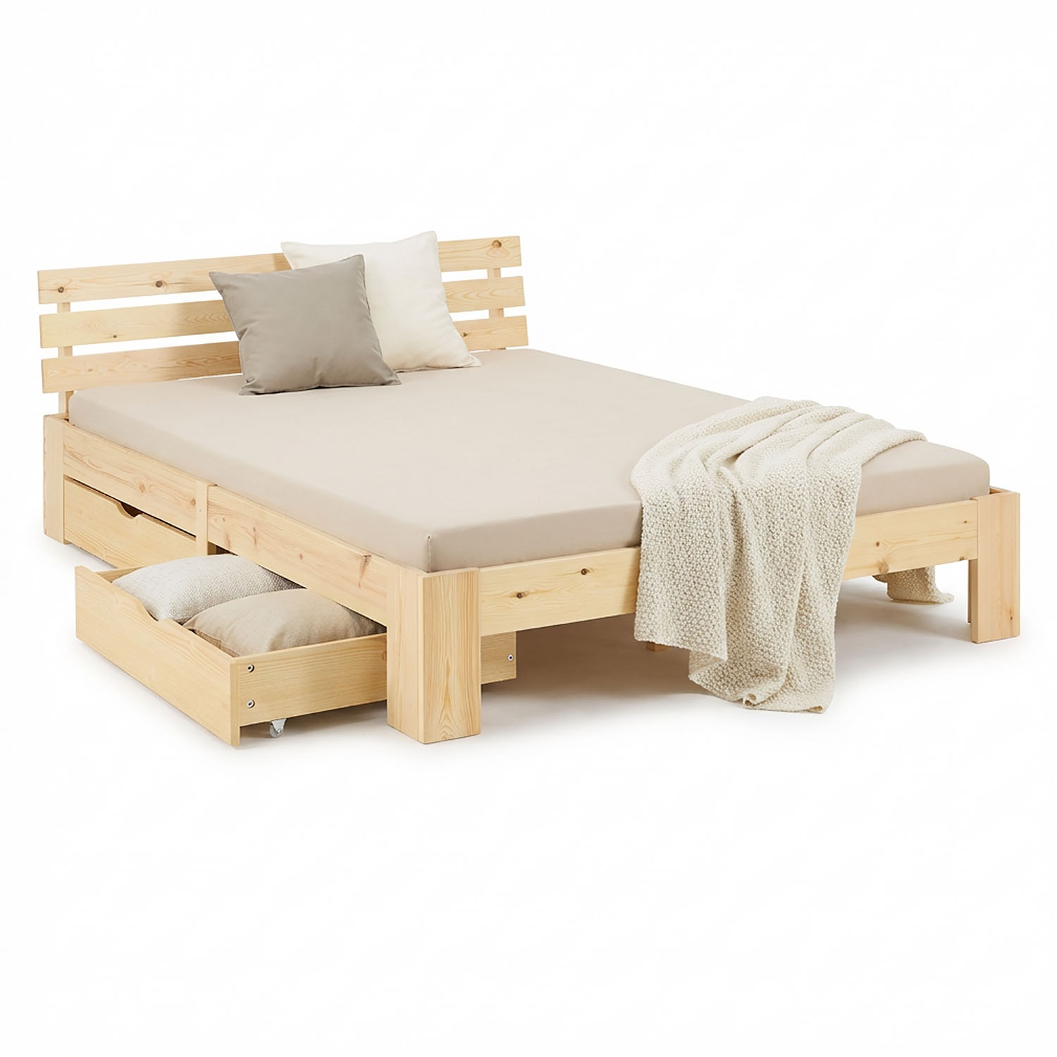 Wood Bed 120x200 cm Natural | Double Bed | with 2 Drawers | Solid | Kids Youth Guest Bedroom