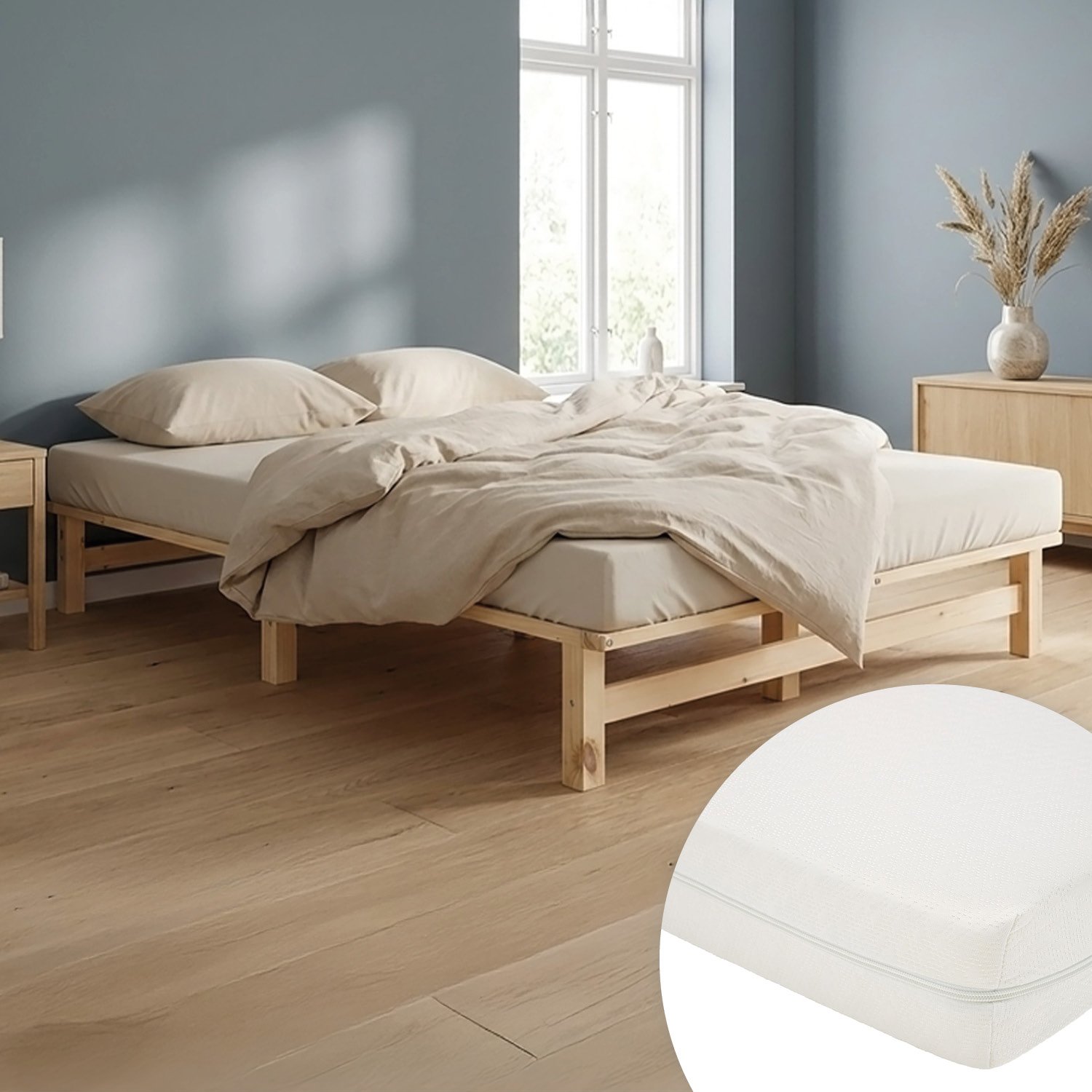 120x200 cm Natural Pallet Bed – Wooden Double Bed with Mattress & Slatted Base for Teen Rooms, Guest Rooms, and Bedrooms