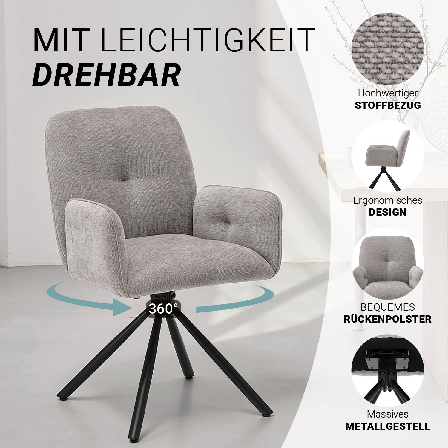 Esszimmerstühle Drehbar 1, 2, 4 oder 6 Stühle für den Esstisch Drehstuhl mit Armlehne Stoff Grau Polsterstühle Sessel Modern