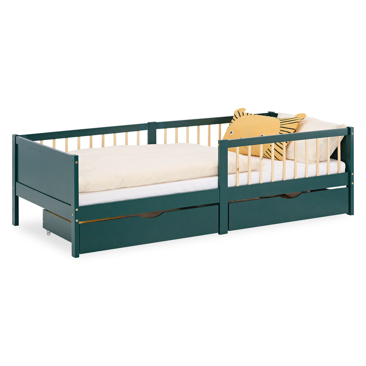 Children's Bed 90x200 cm Green | Wooden bed with 2 drawers | Single Bed | with Slatted Frame | Fall Protection