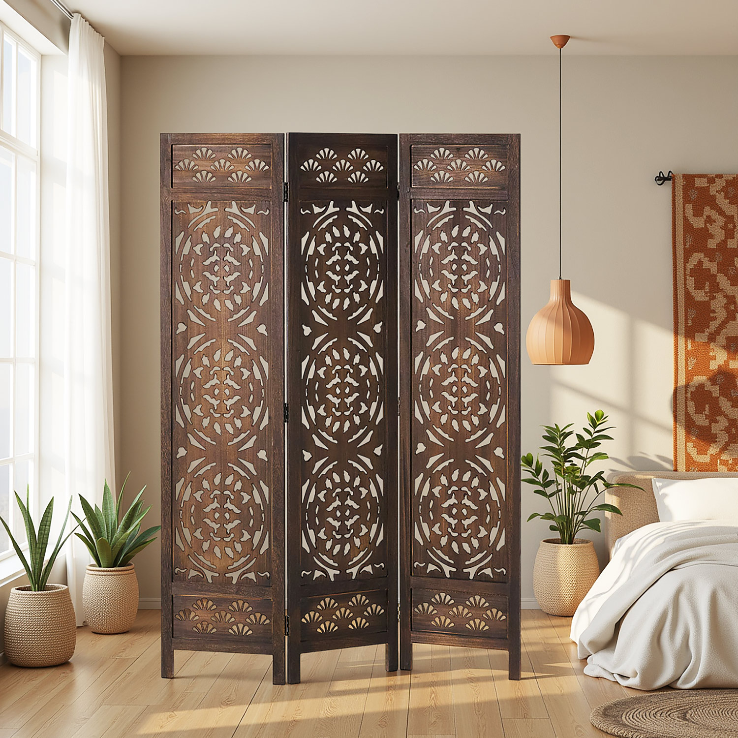 Paravent Brown Design | 3-panel | Wood | Decorative Room Divider | Partition Privacy Screen