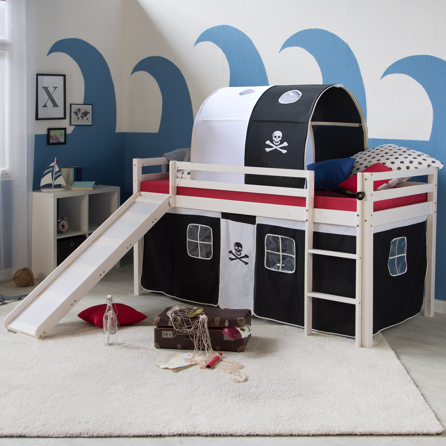 Loftbed with Mattress 90x200 cm Slide Bunk bed Childrens bed Solid Pine Wood Curtain Tunnel Black Pirate Slatts