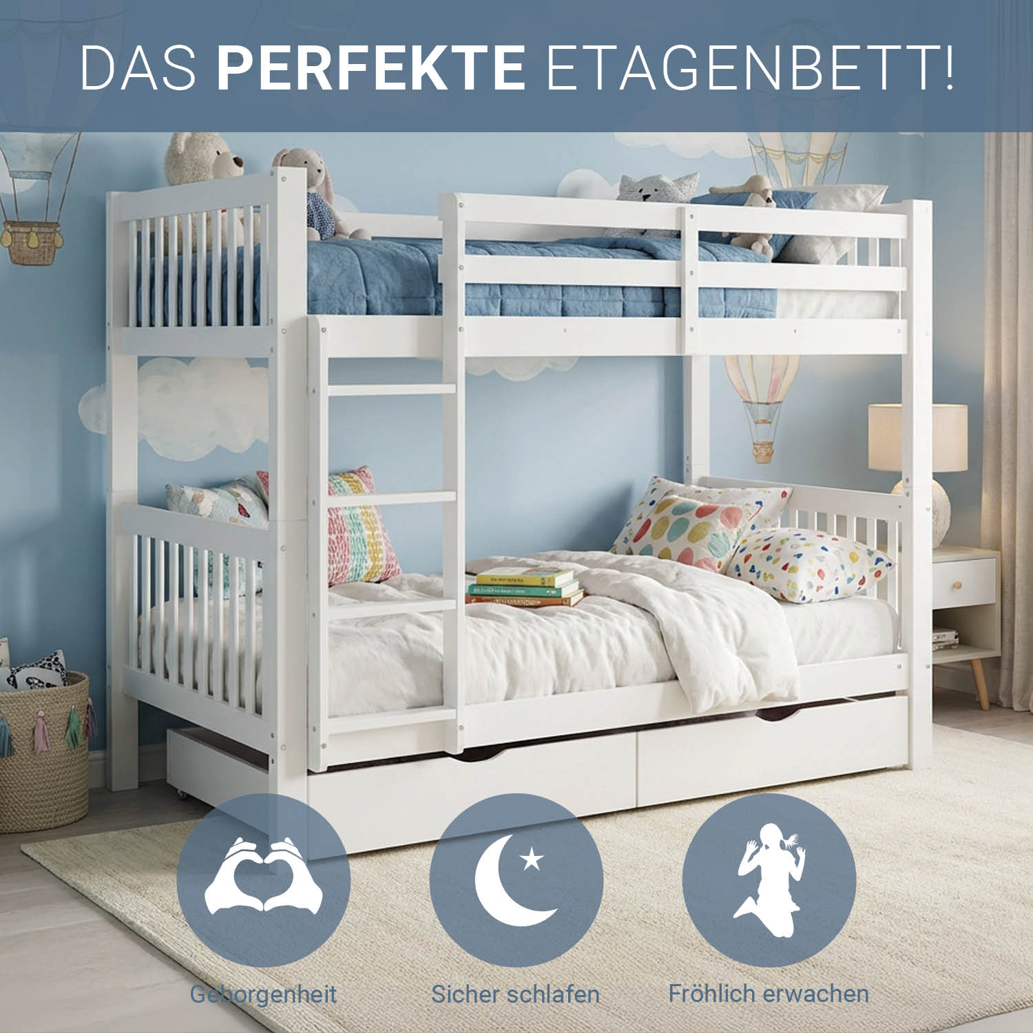 White Bunk Bed 90x200 cm | Children’s Bed with 2 Underbed Drawers | Safety Guard | Convertible | Solid Wood