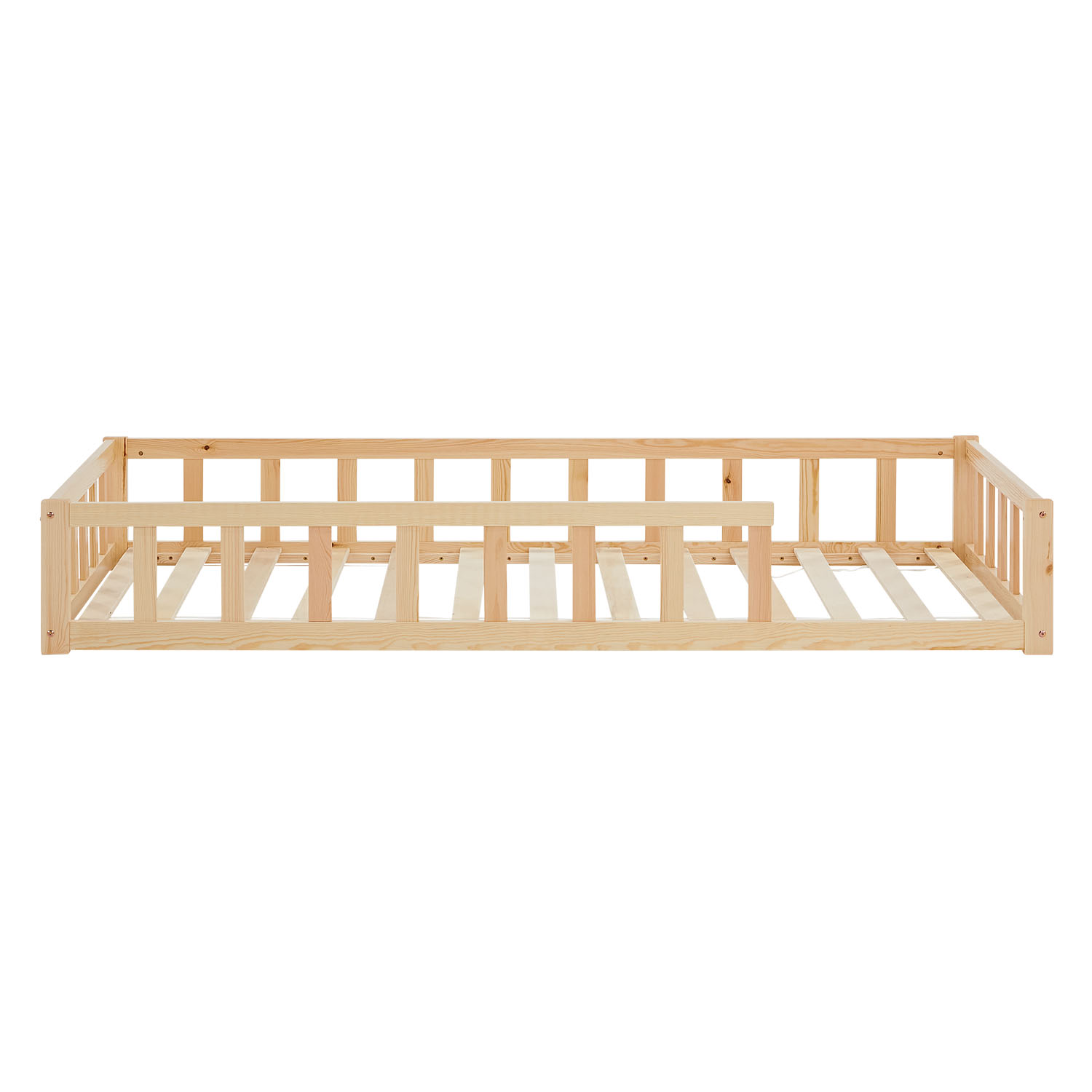 Children's Bed 90x200 Natural | Floor Bed with Mattress & Slatted Frame | with Fall Protection | Montessori