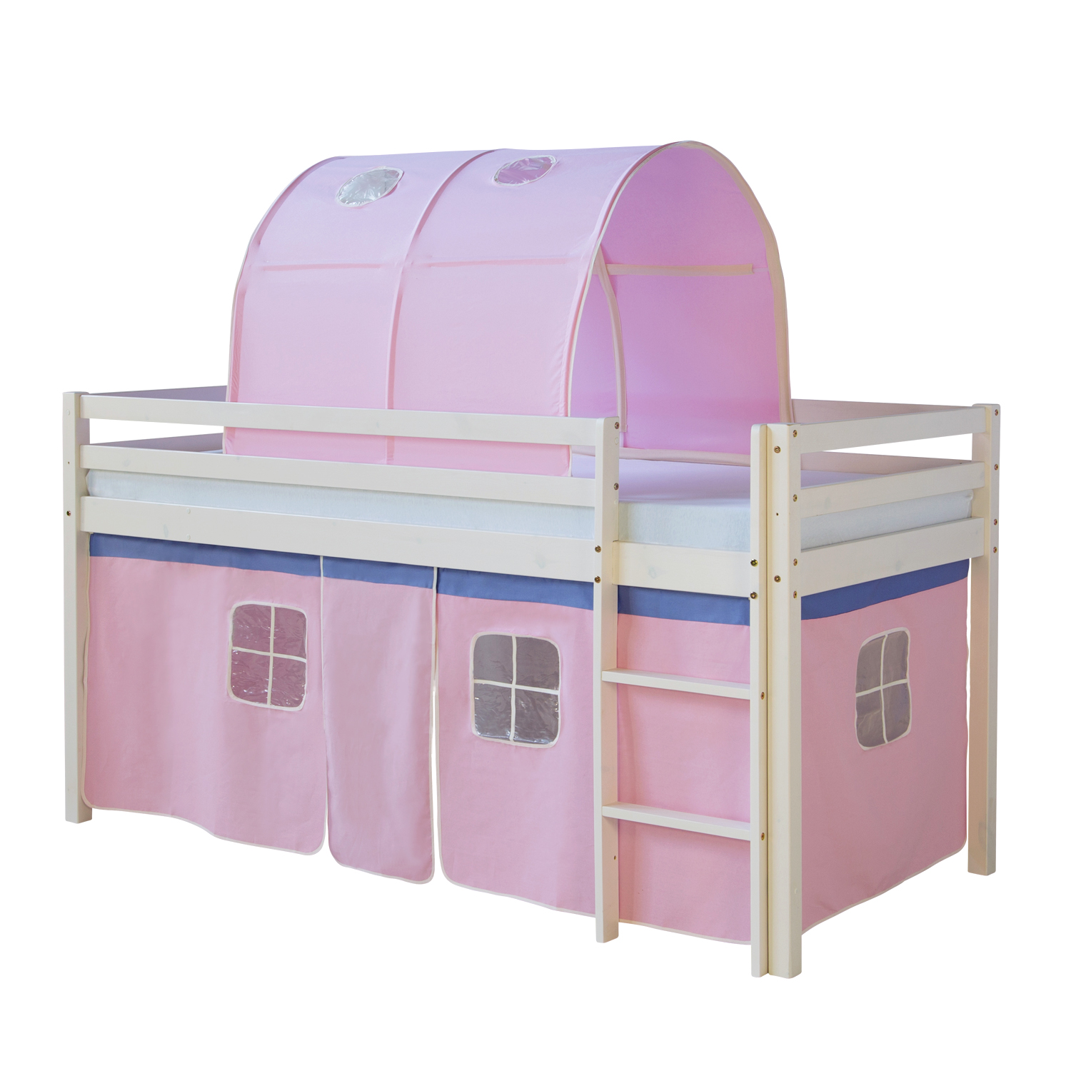 Loft Bed Kids 90x200 cm White with Curtain in Pink | Tunnel | with Slatted Frame